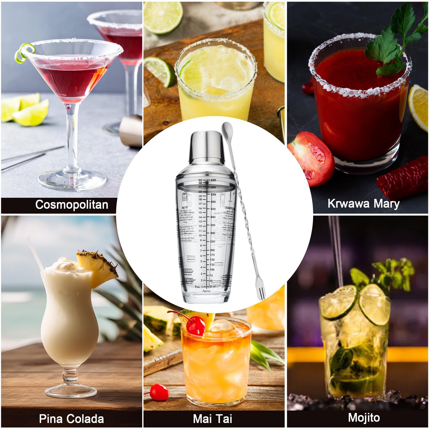 Tiawudi 23oz Glass Cocktail Shaker Set, 4PCS Bartender Kit, Martini Mixer Shaker with Built-in Strainer, Measuring Jigger, Cocktail Muddler & Mixing Spoon, Bar Tool Set for Bartender and Home Use