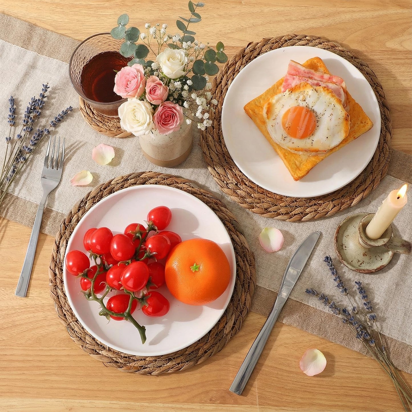 12 Pcs Round Straw Woven Coasters and Trivets Set, 4" Absorbent Drink Coasters, 7" 10" Heat Resistant Trivets for Hot Dishes Boho Farmhouse Table Mat for Bowl, Pan, Kitchen Dining Decor Party Supplies