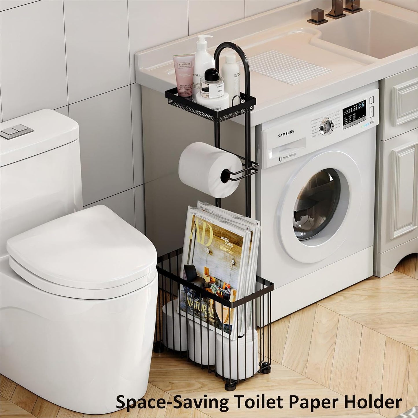 X-cosrack Toilet Paper Holder - Freestanding Tissue Rack with Storage Shelf for Bathroom | Black