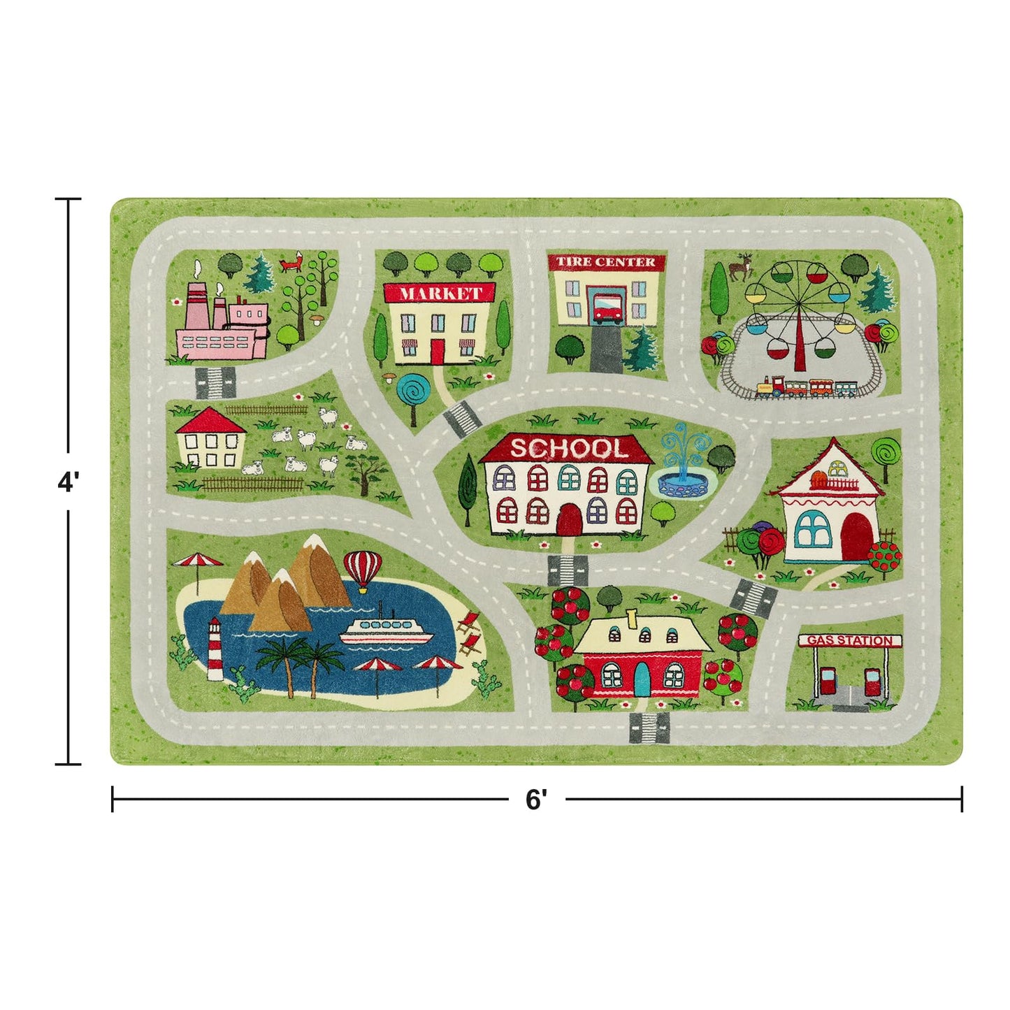 LIVEBOX Green Washable Playroom Rug, 4'x6' Non-Slip Soft Car Rug for Boys Room, Baby Nursery, Kids Floor Mats for Boys Girls Dorm Toy Room Tent