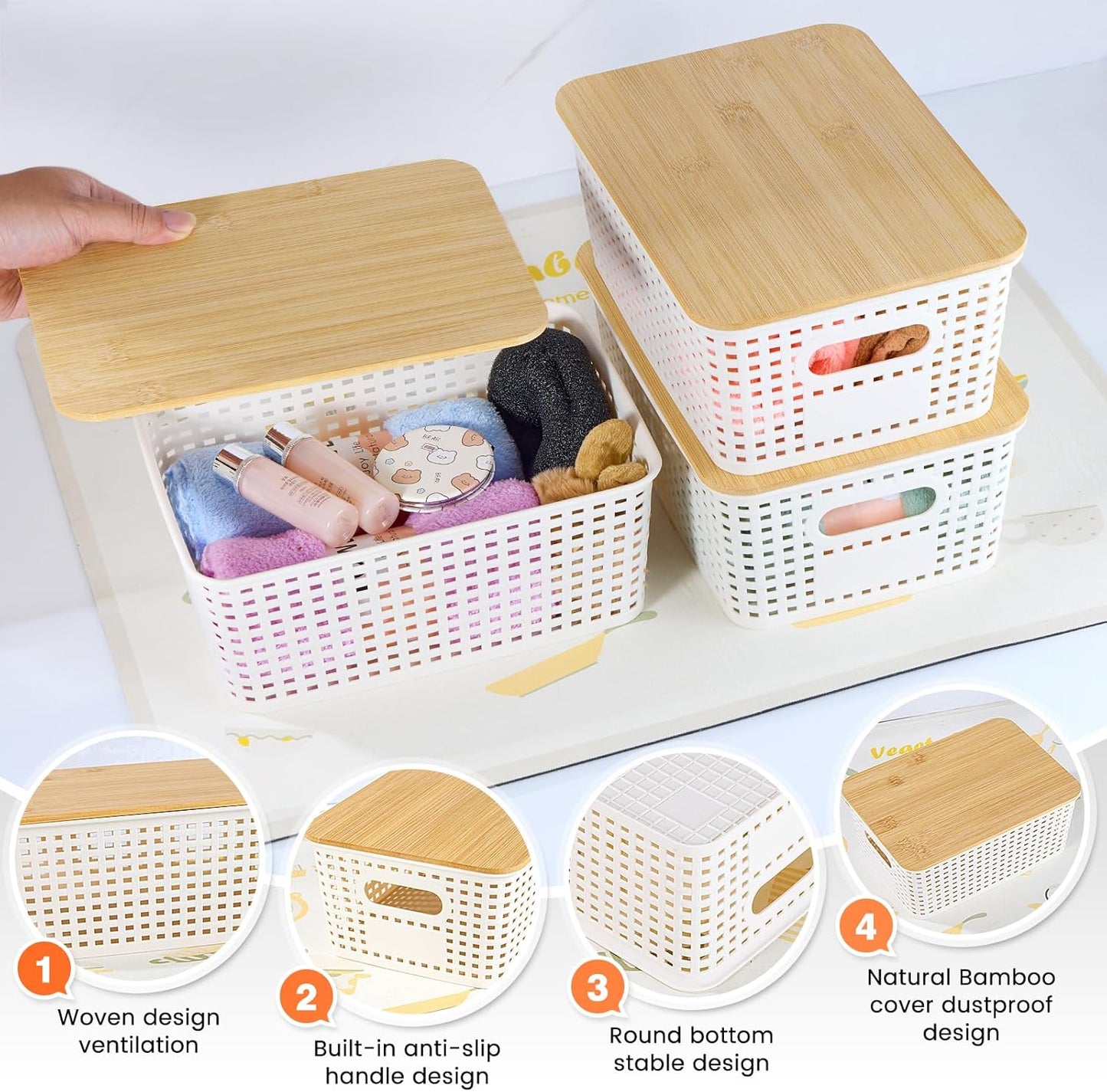 Ohmlove Plastic Storage Baskets - Stackable Containers with Bamboo Lid for Organizing | 6 Pack