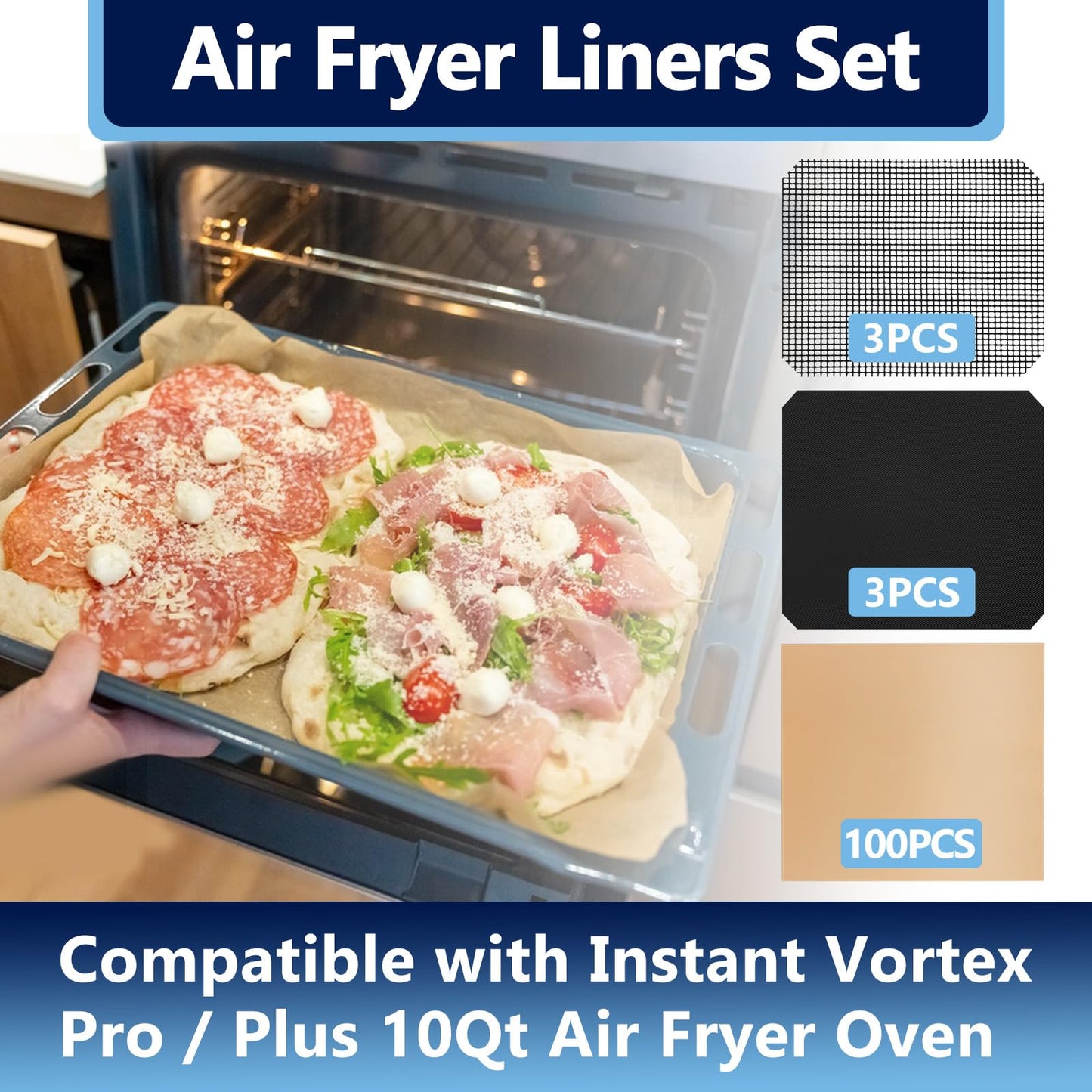 100Pcs Air Fryer Paper Liners, 3Pcs Reusable Oven Liners and 3Pcs Mesh Grill Mats Compatible with Instant Vortex Pro Plus 10QT, Non Stick Oven Liner for Toaster, Microwave