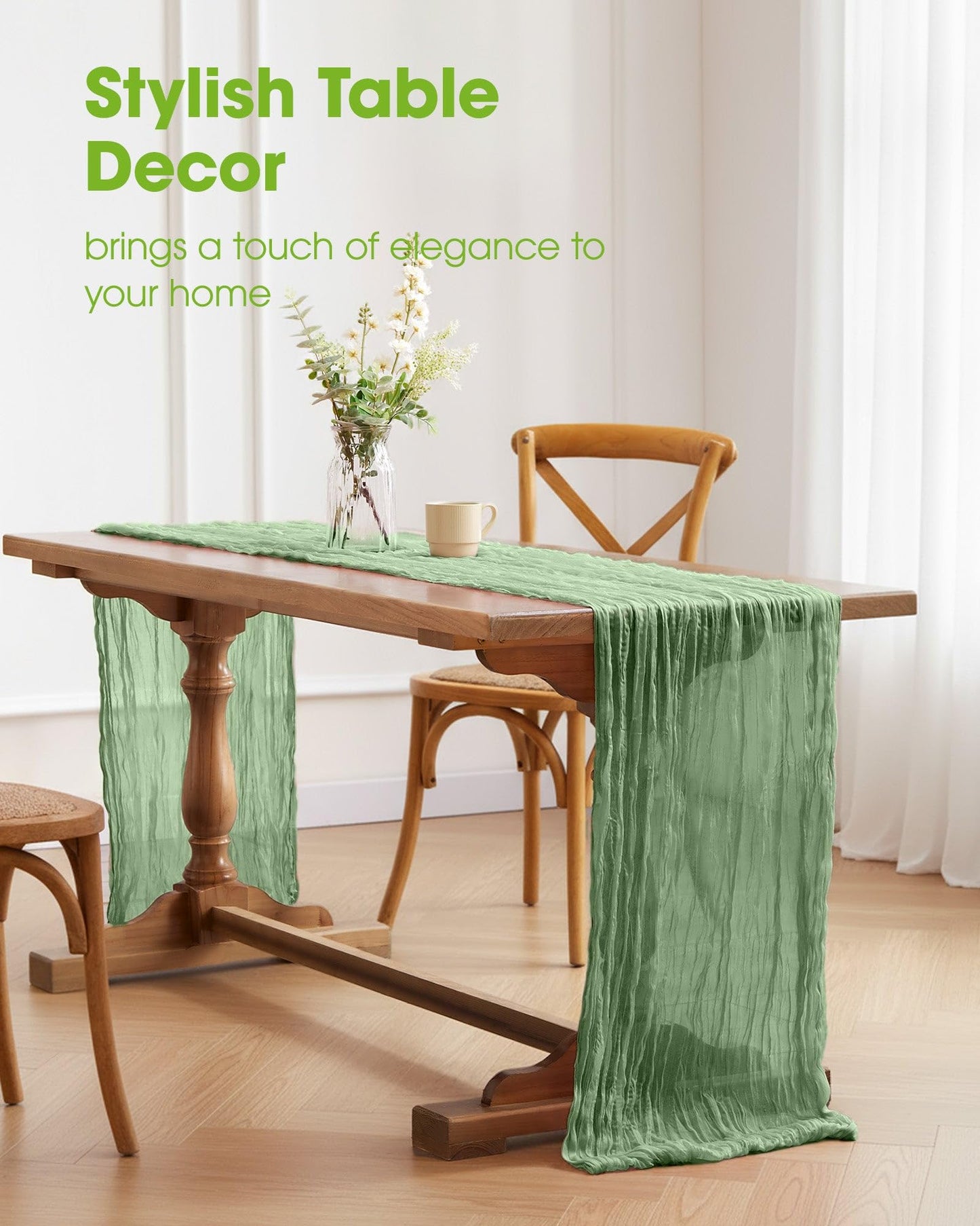 Pureegg 2-Pack Cheesecloth Table Runner, 120'' Easter Spring Boho Gauze Table Runner Decorations for Party, Baby Shower, Wedding and Farmhouse, Fabric Room Decor, Sage Green