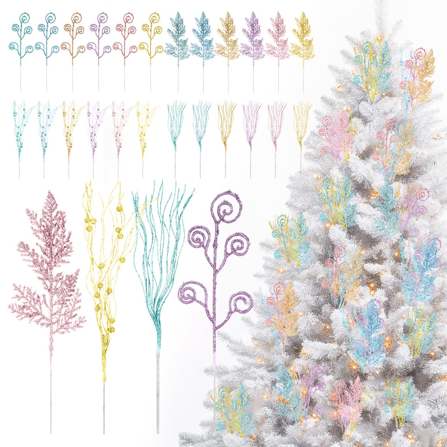 72 Pcs Pastel Christmas Tree Picks and Sprays Decoration Candy Christmas Tree Decor Artificial Glitter Berry Stems Pastel Candy Picks Ornaments Branches for Vase Filler Holiday Party Decoration