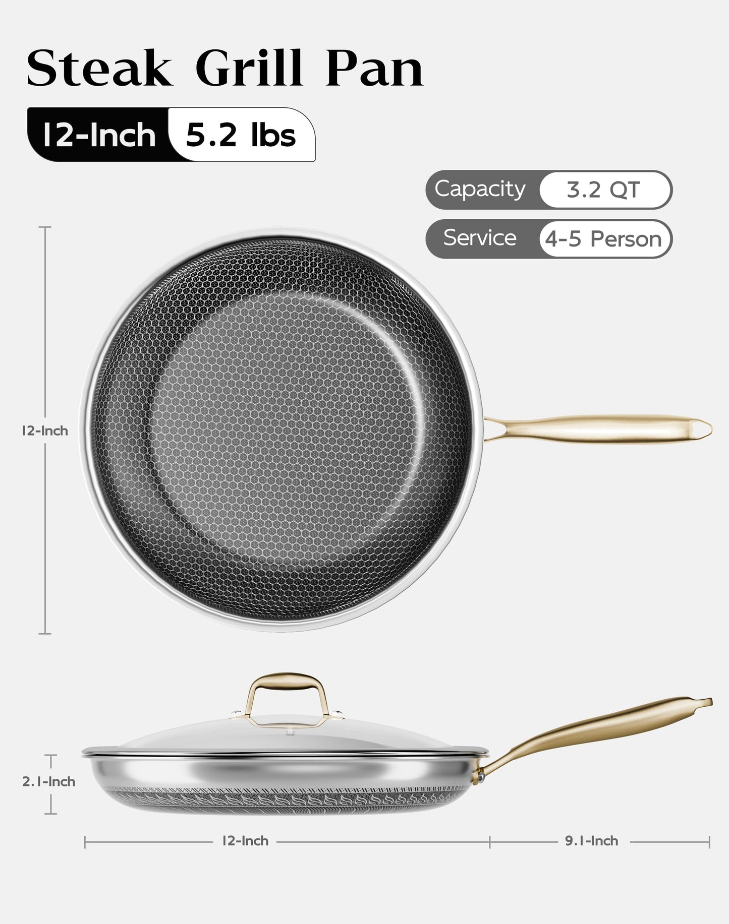 XBM Nonstick Frying Pan with Lid 12-Inch, Durable Stainless Steel Skillet, Induction Cooktop Compatible, PFOA-Free Scratch-Proof, Dishwasher & Oven Safe, Stay-Cool Handle, Silver Kitchen Cookware