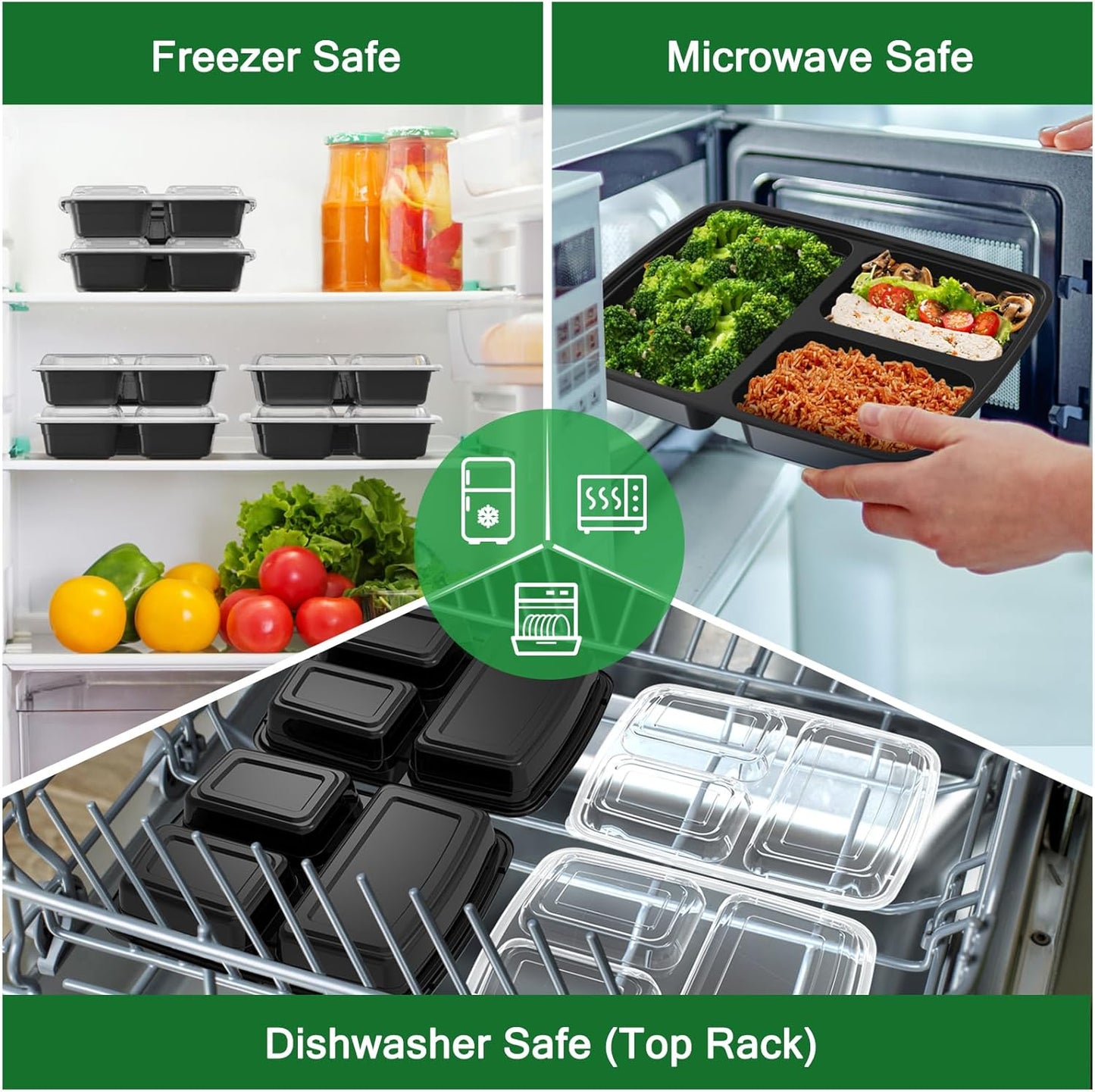 Skiennix 32 oz Meal Prep Containers - 50 Pack Reusable 3-Compartment Leakproof | Microwave & Dishwasher Safe, Black