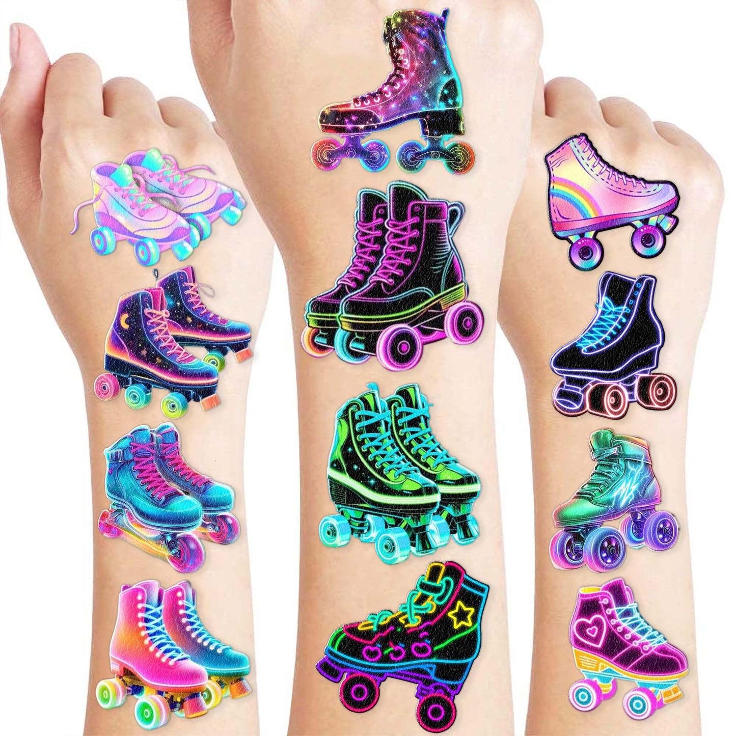 Neon Roller Skate Temporary Tattoos - 8 Sheets (96PCS) 80s 90s Theme Birthday Party Decorations Supplies Favors Stickers for Kids Girls Boys Gifts Classroom School Prizes Rewards