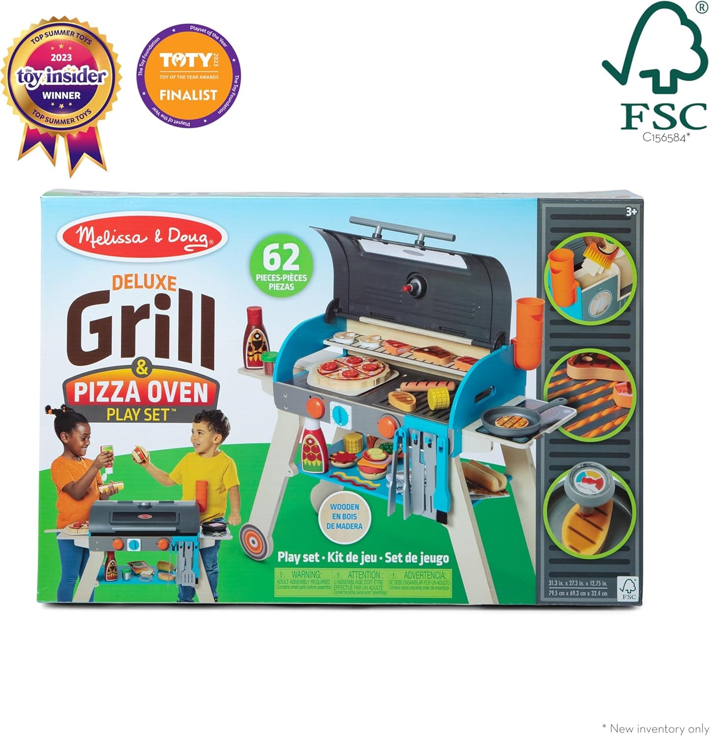 Melissa & Doug Deluxe Wooden Barbecue Grill & Smoker | Kids Play Kitchen Set with Pizza Oven & Toy Food - FSC Certified for Ages 3+