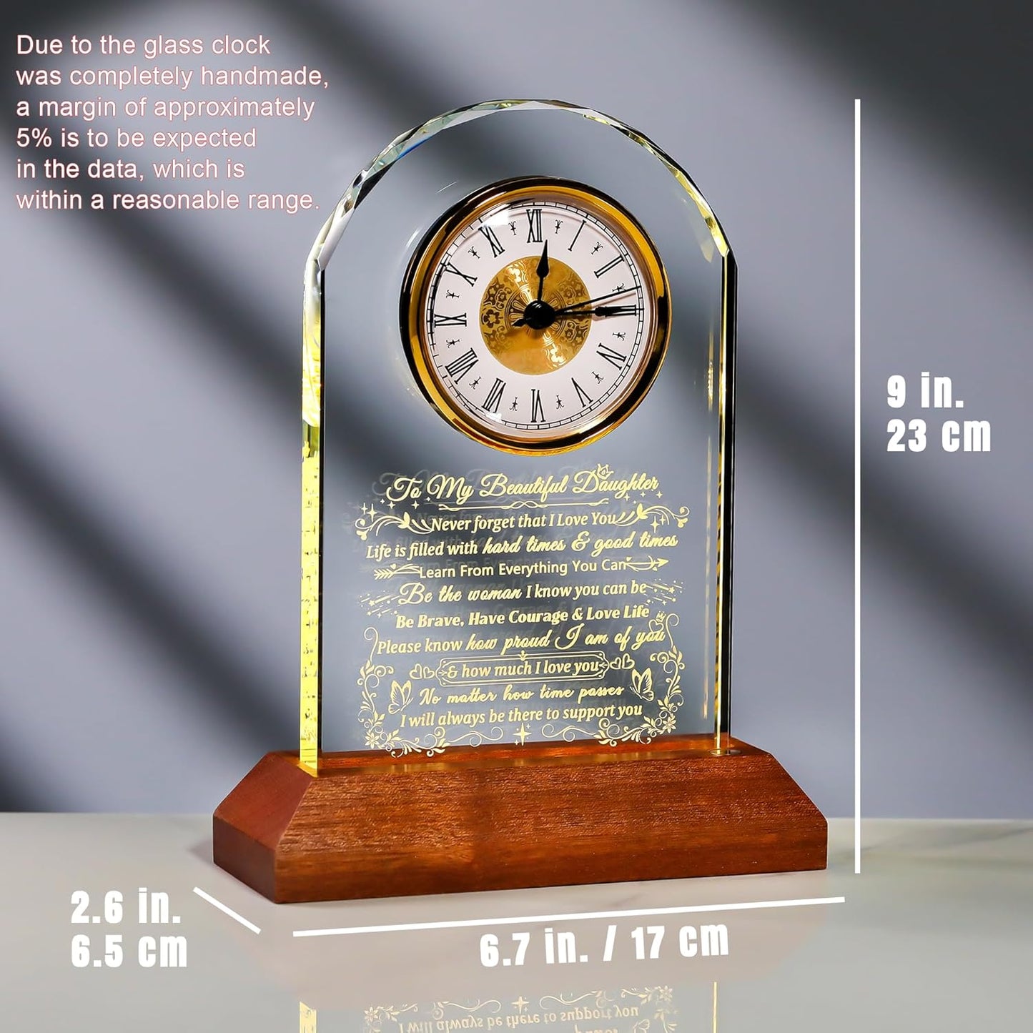 Ornalrist Glass Clock for Daughter from Mom & Dad - Heartwarming Gift with Wooden Base | Perfect for Mother's Day & Birthdays