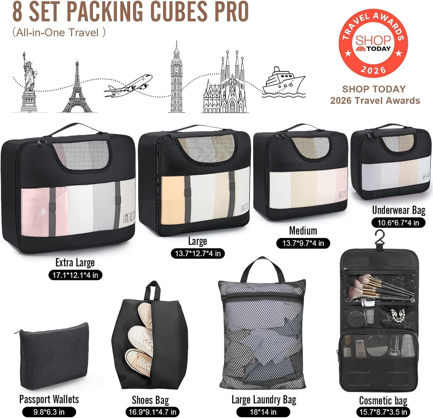 Veken Packing Cubes Set - Travel Organizer Bags with Laundry Bag & Passport Holder | 4 Sizes for Carry-On Luggage