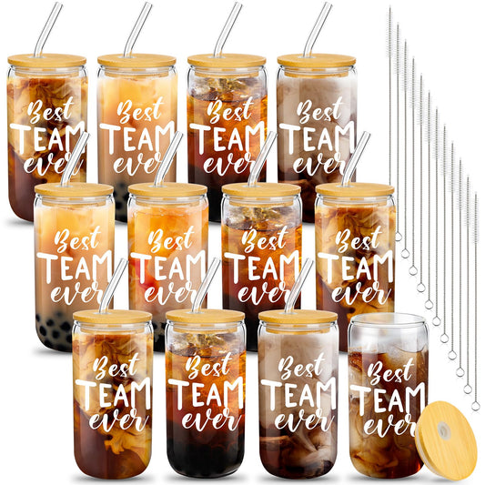 Purpeak 12 Set Employee Appreciation Gifts Thank You Gifts for Staff Coworker Thank You Glass Cups 16 oz Can Shaped Beer Glass with Lids Straws Brushes for Teacher Nurse(Best Team Ever)