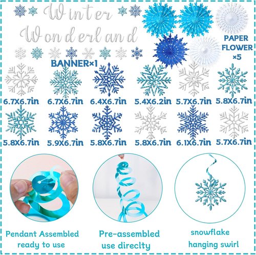 **Winter Wonderland Decorations | Blue Glitter Banner & Snowflake Ornaments for Festive Indoor Decor**