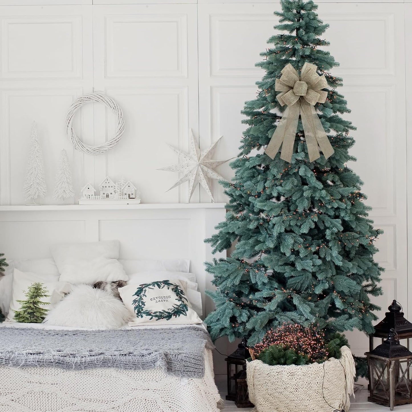 Natural Burlap Wreath Bow by Christmas | 20 x 11 Inches | Khaki Ribbon for Holiday Decor
