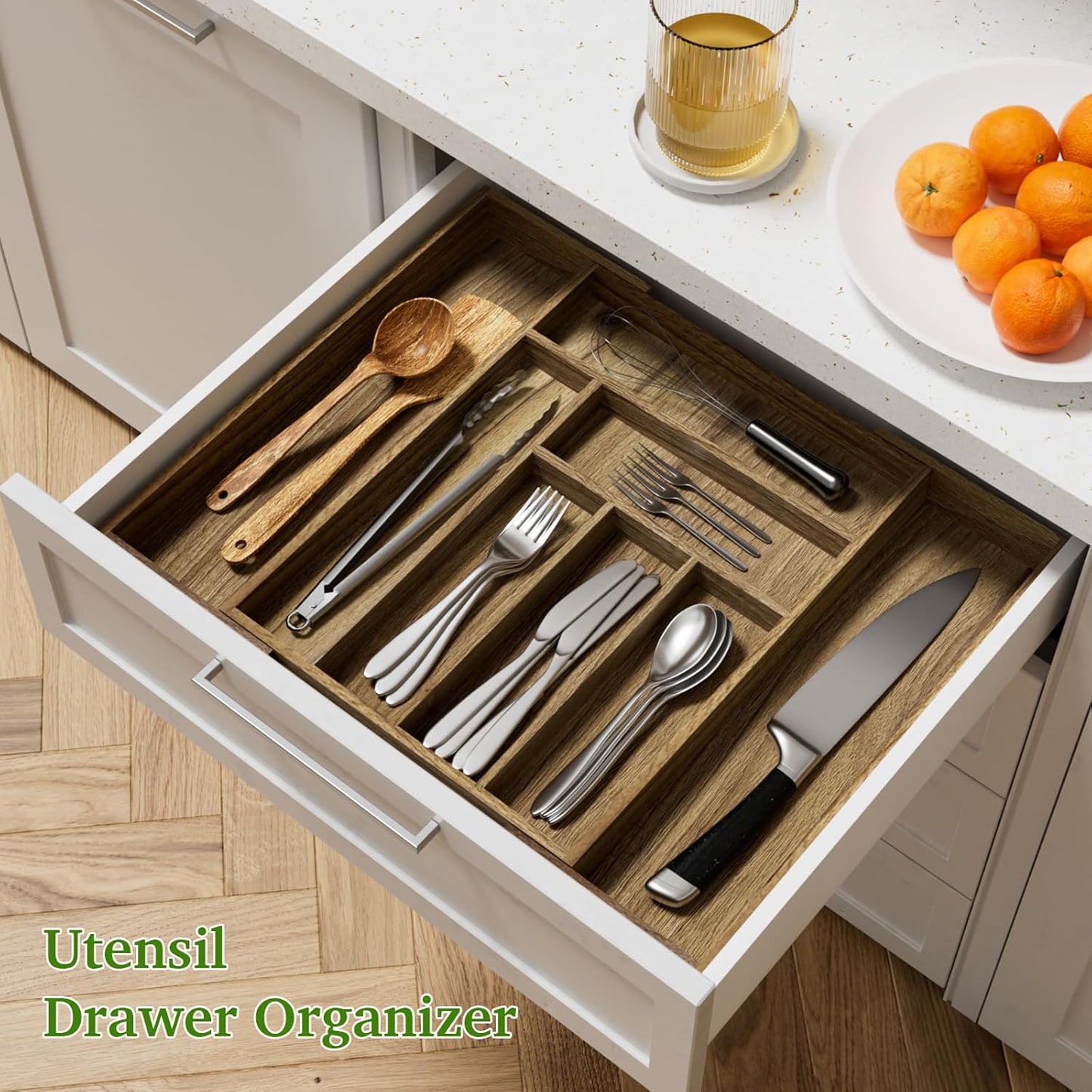 Kiasthome Acacia Wood Silverware Drawer Organizer - Expandable Utensil Tray with Dividers | 13''-21''x16.9'' (6-8 Slots)