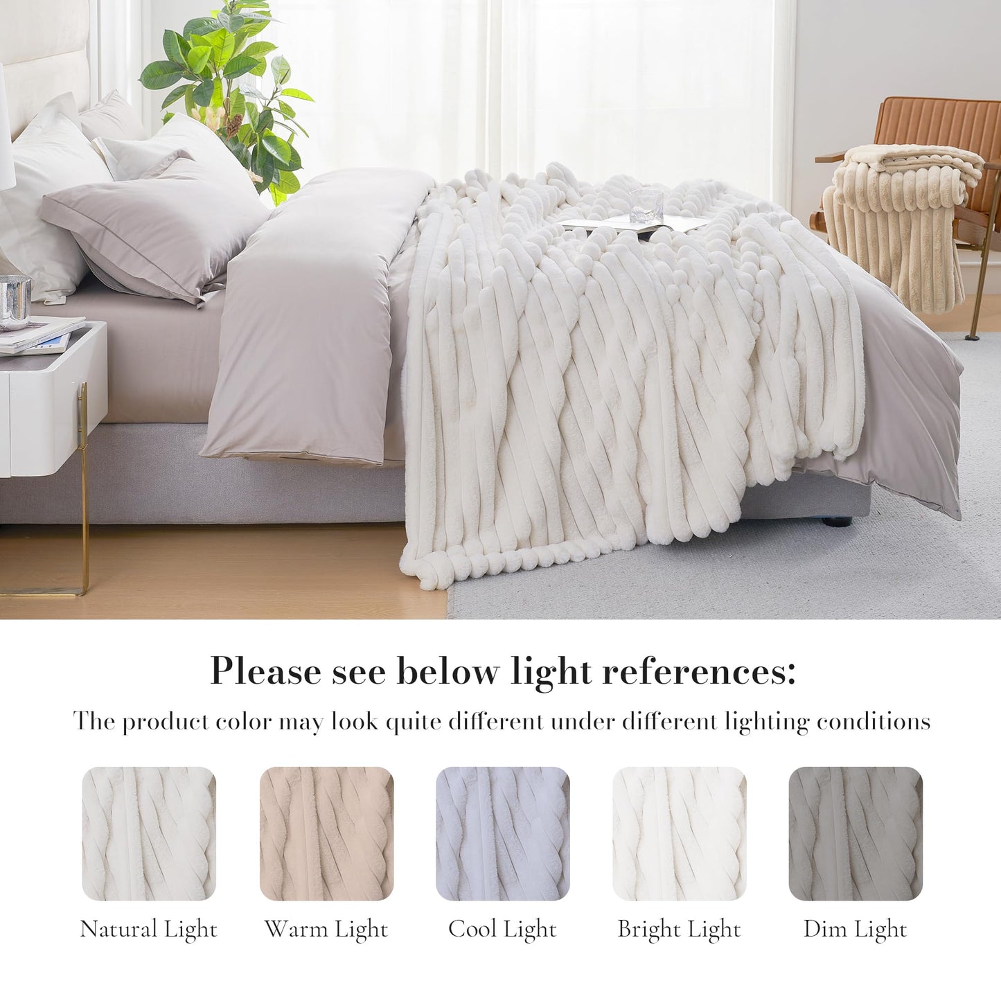 Amélie Home Faux Fur Throw Blanket for Couch, Cozy Fuzzy Fluffy Fur Luxurious Soft Striped Plush Gift Blankets for Family Sofa Chair Bedroom, 55"x70", Ivory