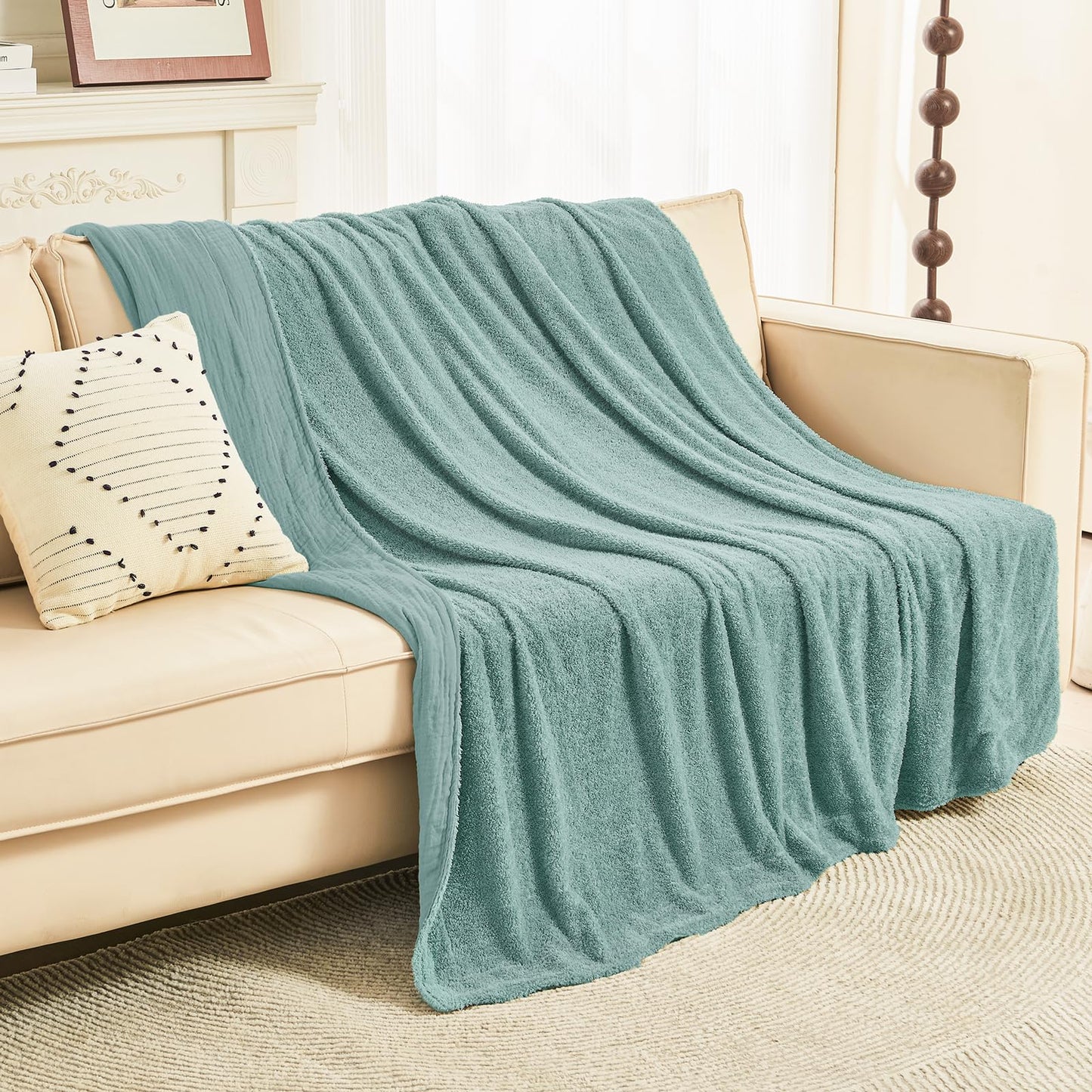 EMME Muslin Cotton Fleece Queen Blanket Reversible - 80"*90" Teal Soft Warm Throw Blankets for Couch Bed Picnic Travel Bed