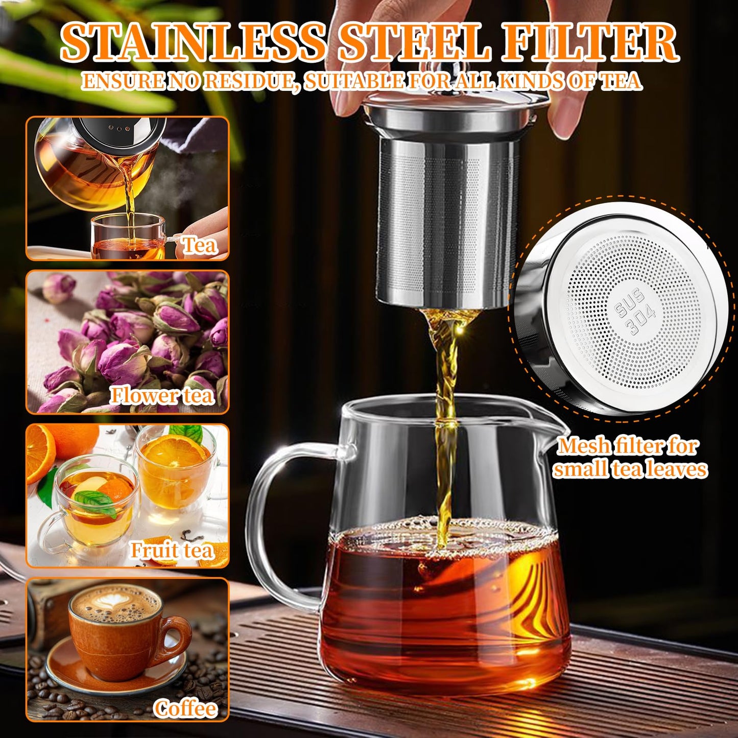 Glass Teapot with Stainless Steel Infuser, Borosilicate Tea Kettle, Clear Tea Maker for Loose Leaf Tea (950ML)