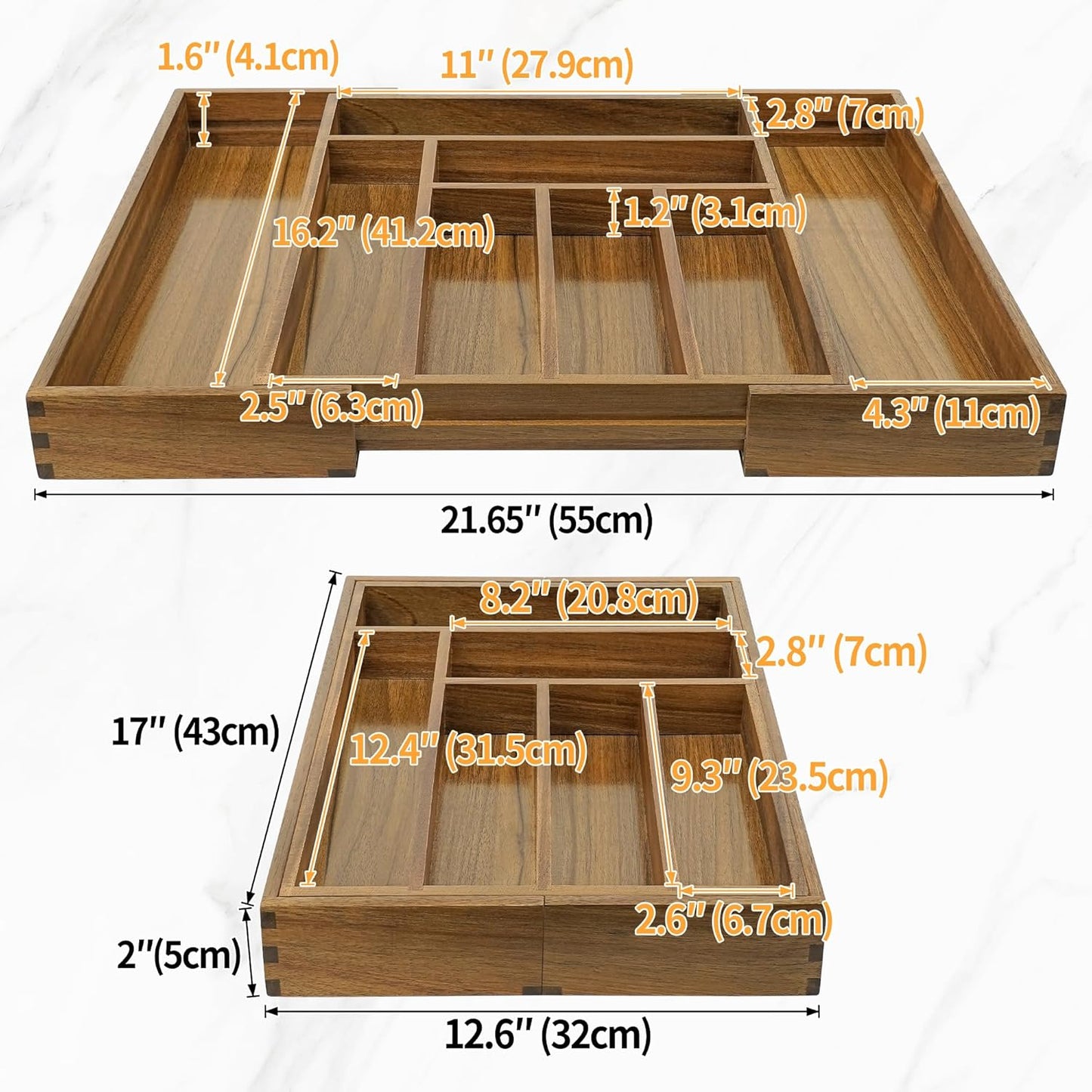 Luxury Acacia Kitchen Drawer Organizer - 8-Slot Silverware and Utensil Holder with Grooved Dividers | 17 x 12.4 x 2 Inch