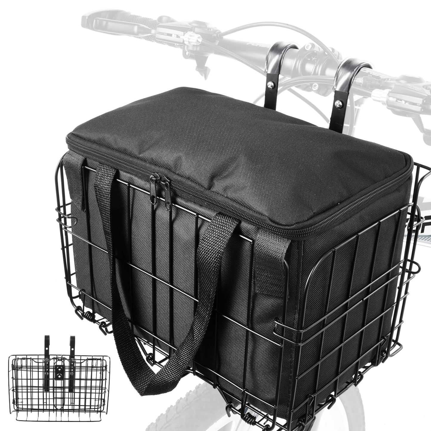 Zacro Metal Bike Basket Front Large Folding Ebike Bicycle Basket with Removable Liner Bag, Quick Release Design for Adult Women/Men Carrying Dogs, Pets, Fruit & Grocery