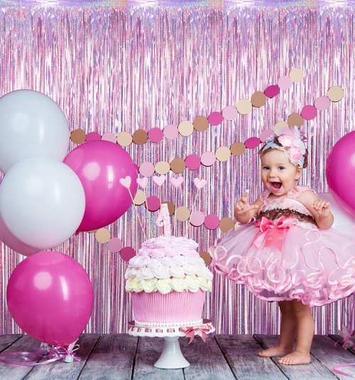 GOER Metallic Tinsel Foil Fringe Curtains - 3.2 ft x 8.2 ft | Perfect for Birthday, Graduation, New Year & Wedding Decor (4 Packs, Laser Pink)