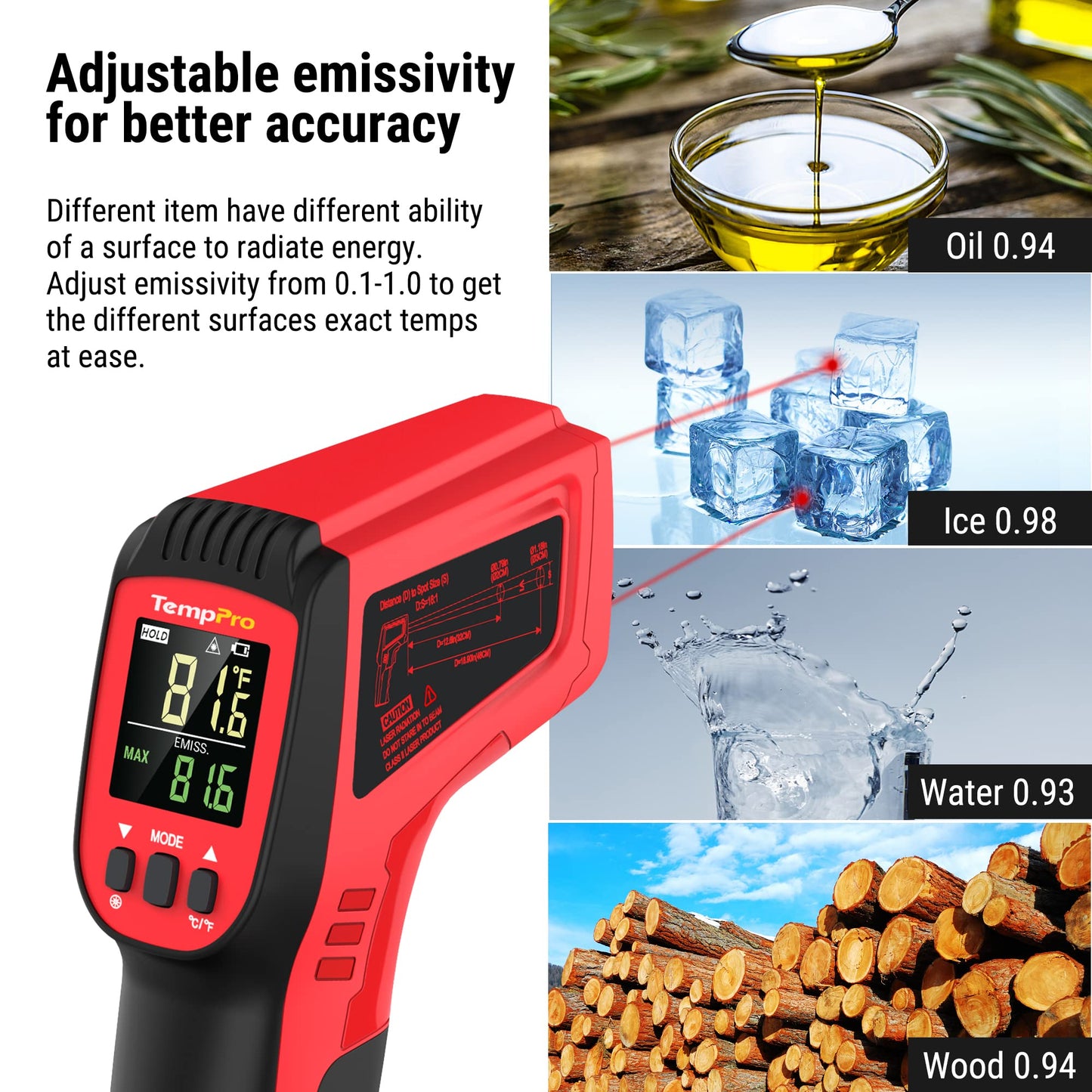 TempPro D50 Dual Laser Infrared Thermometer Gun for Cooking with Adjustable Emissivity & MAX/MIN/AVG Display, Laser Thermometer Gun for Cooking Industrial Use (NOT for Human)