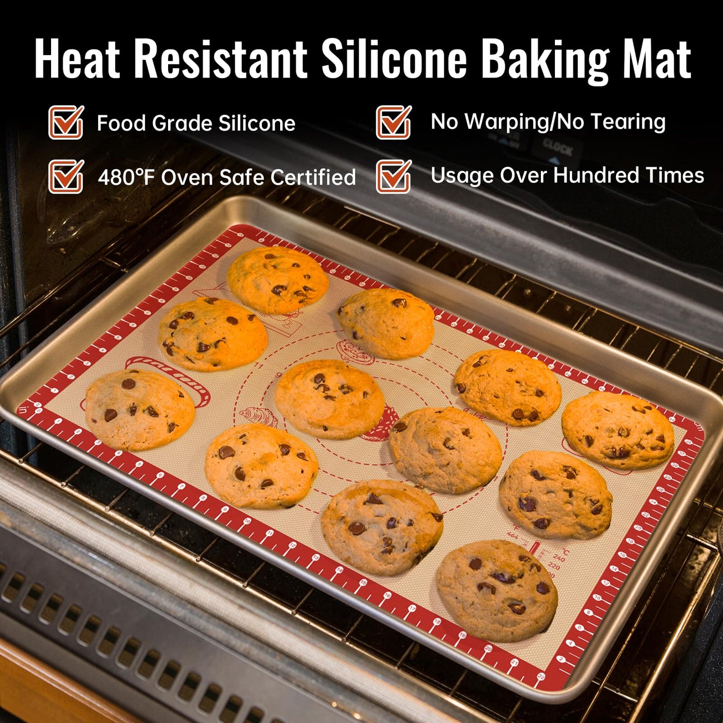 Silicone Baking Mat with Recipes, Extra Thick Silicone Mats for Baking, Non Stick Pastry Mat for Rolling Dough, Silicone Macaron Baking Mat for Cookie,Bread,Pizza,Fondant Mat, Oven&Dishwasher Safe