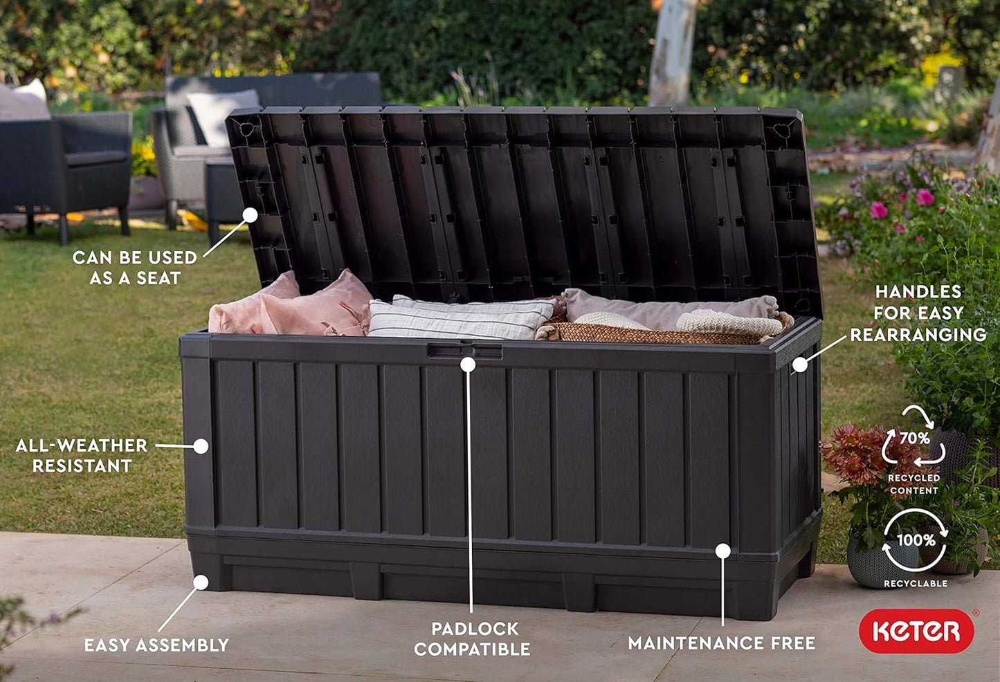 Keter Kentwood 92 Gallon Resin Deck Box - Outdoor Storage for Patio Furniture & Cushions | Dark Grey