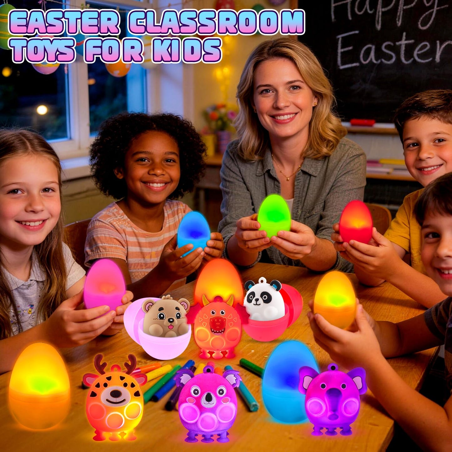 ChildFun Prefilled Easter Eggs with Light Up 3D Animal Pop Toys, 24 Pack Easter Eggs Filled, Easter Basket Stuffers for Toddler Eggs Hunt, Glow in The Dark Easter Egg, Easter Gifts for Kids