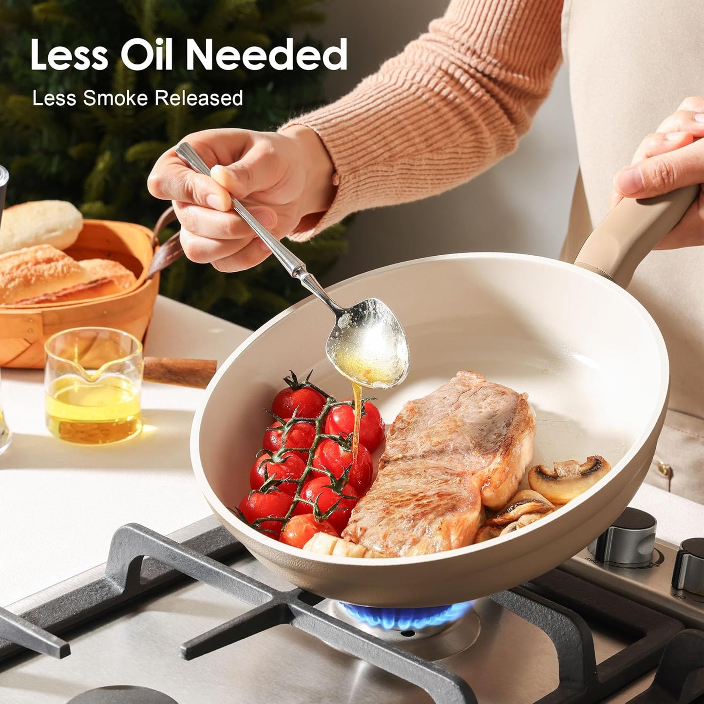 SENSARTE Ceramic Nonstick Cookware Set - 17-Piece Induction Kitchen Set | Healthy & Nontoxic, Taupe