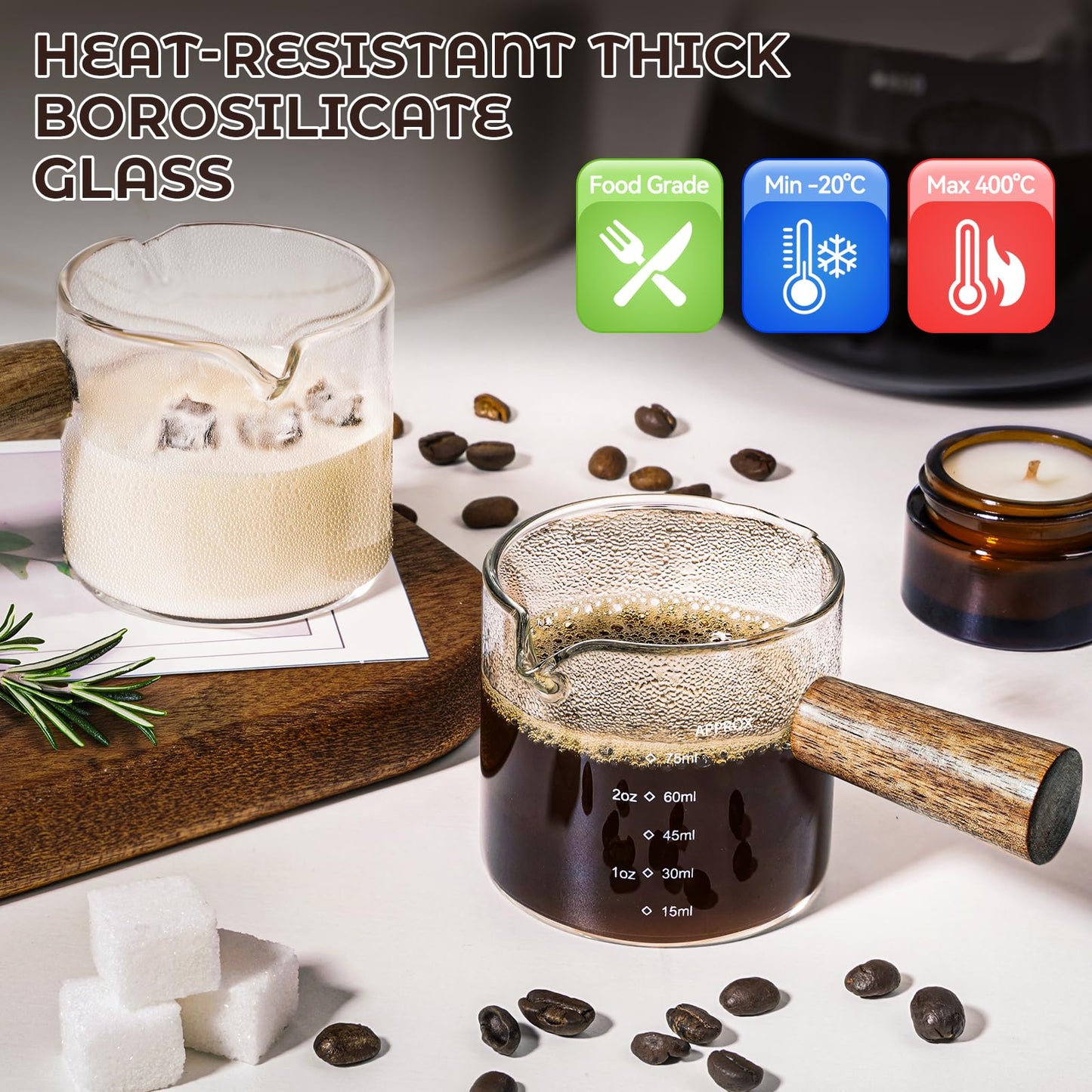 QWACVRTM 2 Pack Espresso Shot Cups Measuring cups, Wooden Handle V-Shaped Double Spout Espresso Shot Glass, Coffee Bar Essentials, coffee accessories