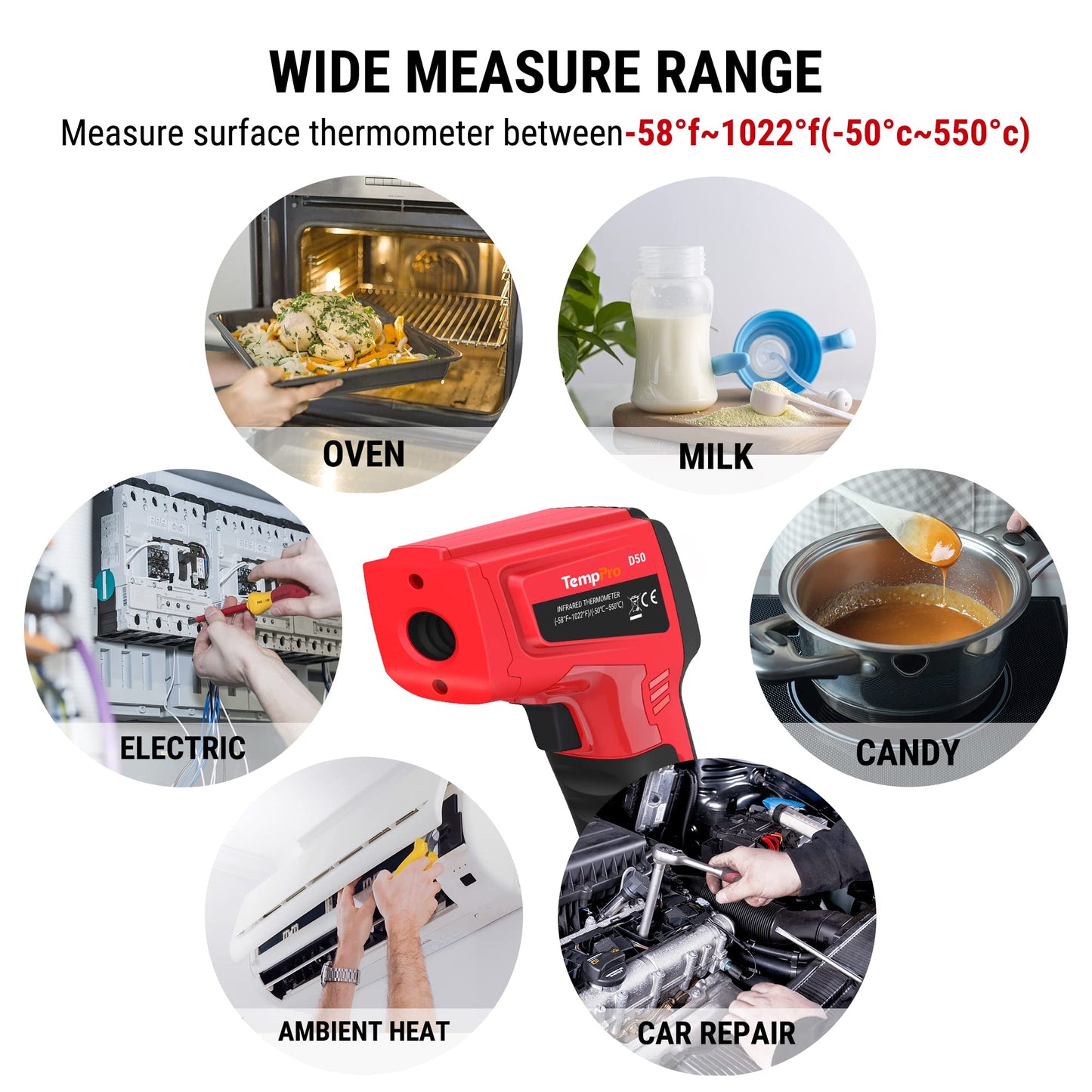 TempPro D50 Dual Laser Infrared Thermometer Gun for Cooking with Adjustable Emissivity & MAX/MIN/AVG Display, Laser Thermometer Gun for Cooking Industrial Use (NOT for Human)