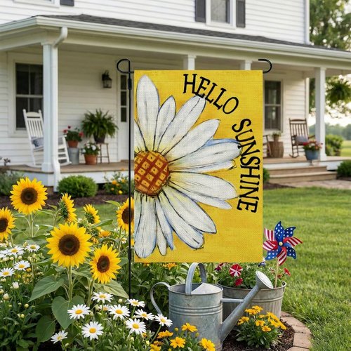 CROWNED BEAUTY Summer Garden Flag - Double-Sided Daisy Design | 12x18 Inches Burlap Welcome Decoration (Yellow)