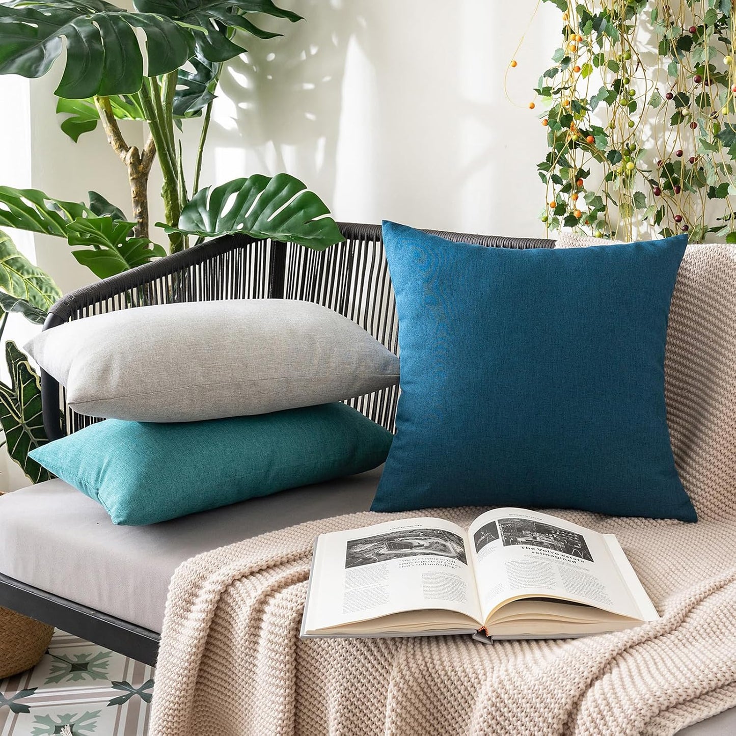 MIULEE Decorative Outdoor Throw Pillow Covers - Waterproof Faux Linen Cushion Cases | 26x26 Inch Blue, Set of 2
