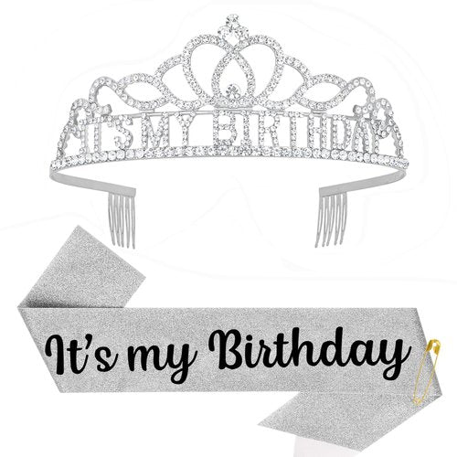 Araluky Silver-Black Crown and Sash for Women, Birthday Tiara Headband, Happy Birthday Hat, Party Favors Gift