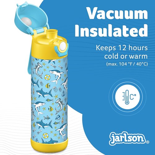 Jarlson® Kids Water Bottle MALI 18oz - Insulated Stainless Steel, Leak-Proof Design for School & Sports - Shark Print