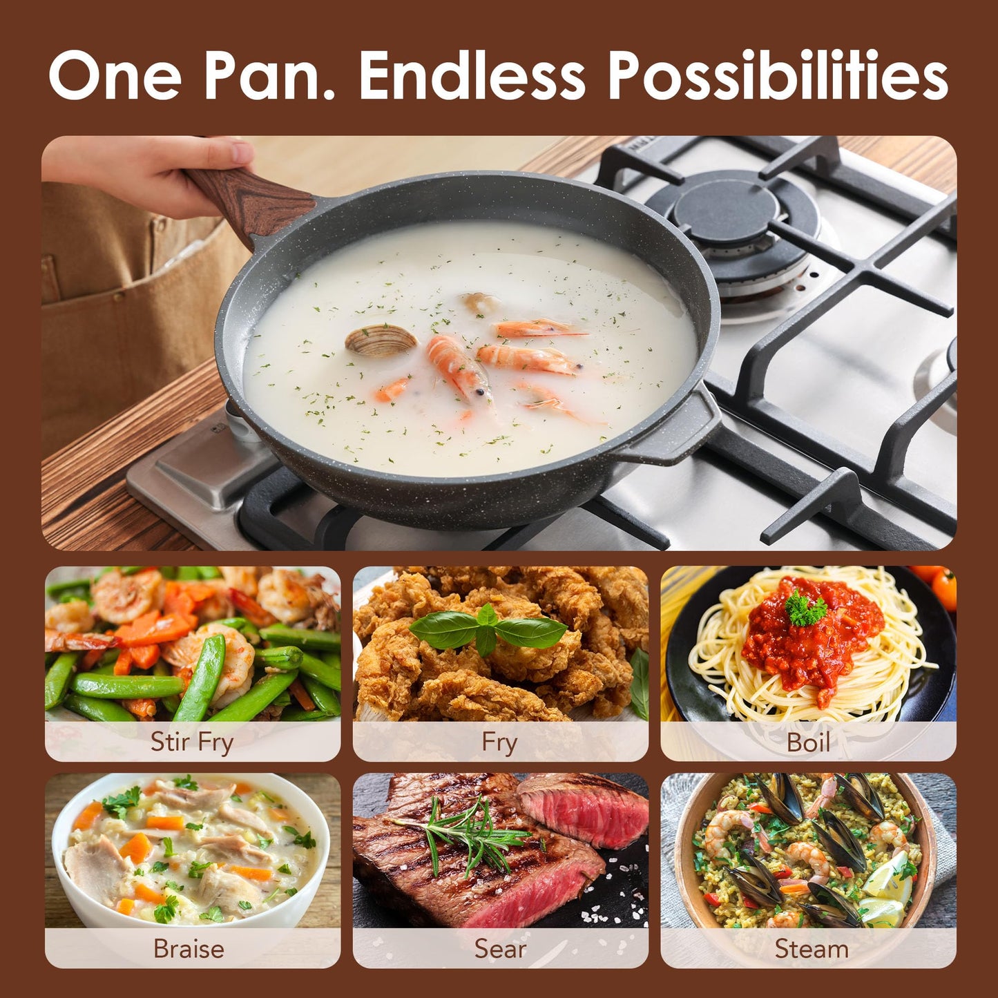 SENSARTE Nonstick Wok Pan with Lid 11-inch, Healthy Stir-fry Pan Induction Cookware with Swiss Granite Coating, Deep Frying Pan Skillet with Stay-cool Handle, PFOA Free