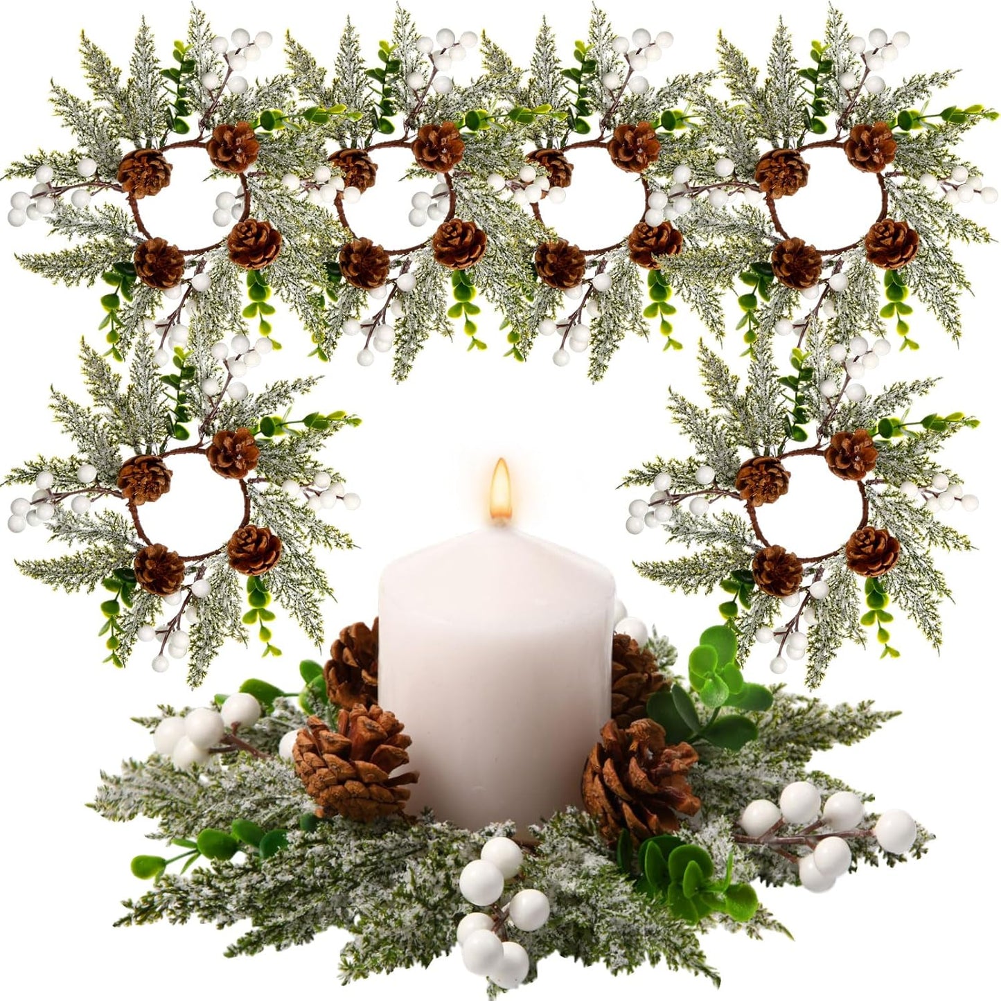 Vercraft 8" Christmas Candle Rings - Snowy Pine Garland with White Berries & Pine Cones | 6 Pcs Set for Festive Home Decor