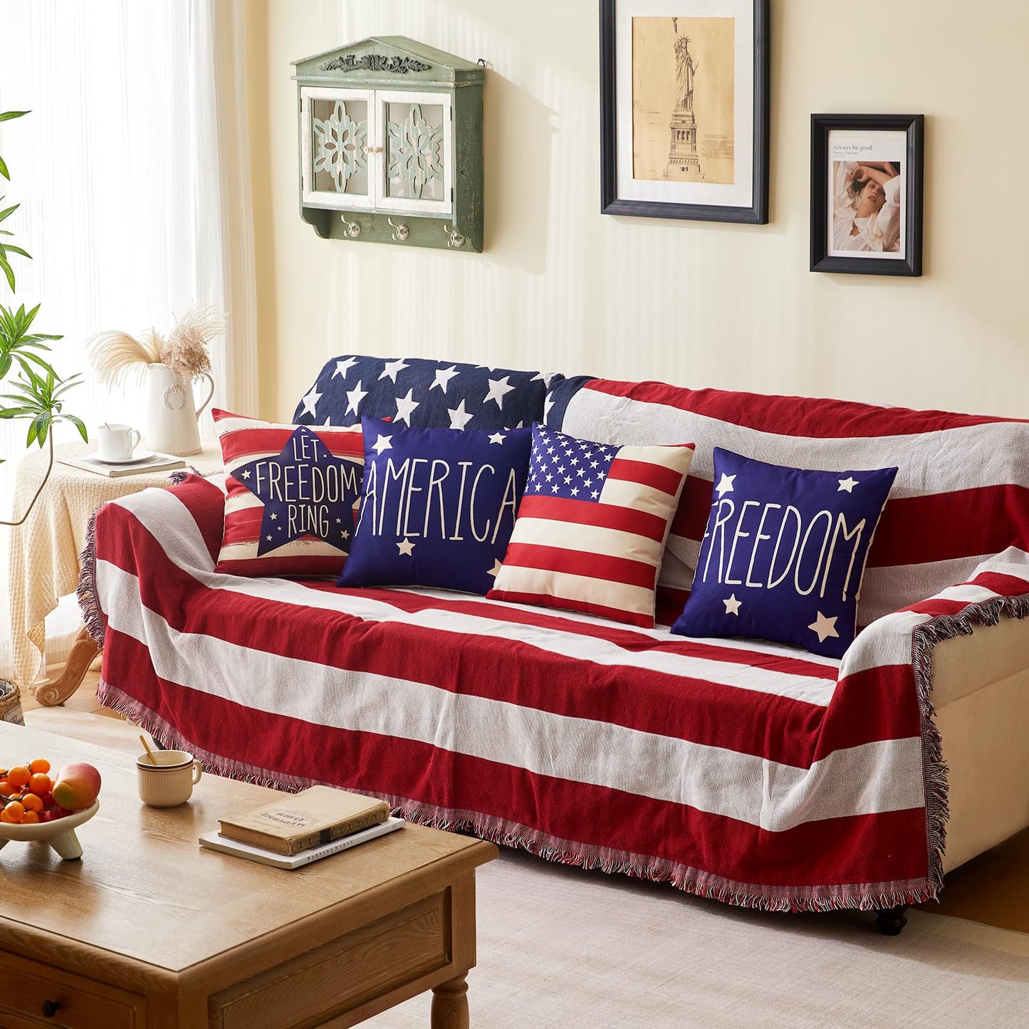 4th of July Pillow Covers 18x18 Inch,Set of 4 Patriotic Red White Blue Summer Outdoor Throw Pillow Covers,Independence Memorial Day USA Flag Linen Fourth of July Cushion Case for Sofa Couch Decor