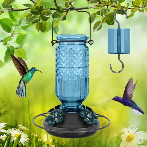 FEED GARDEN Glass Hummingbird Feeder - 16oz Leak-Proof Design with Bee Guards & Ant Moat, Blue