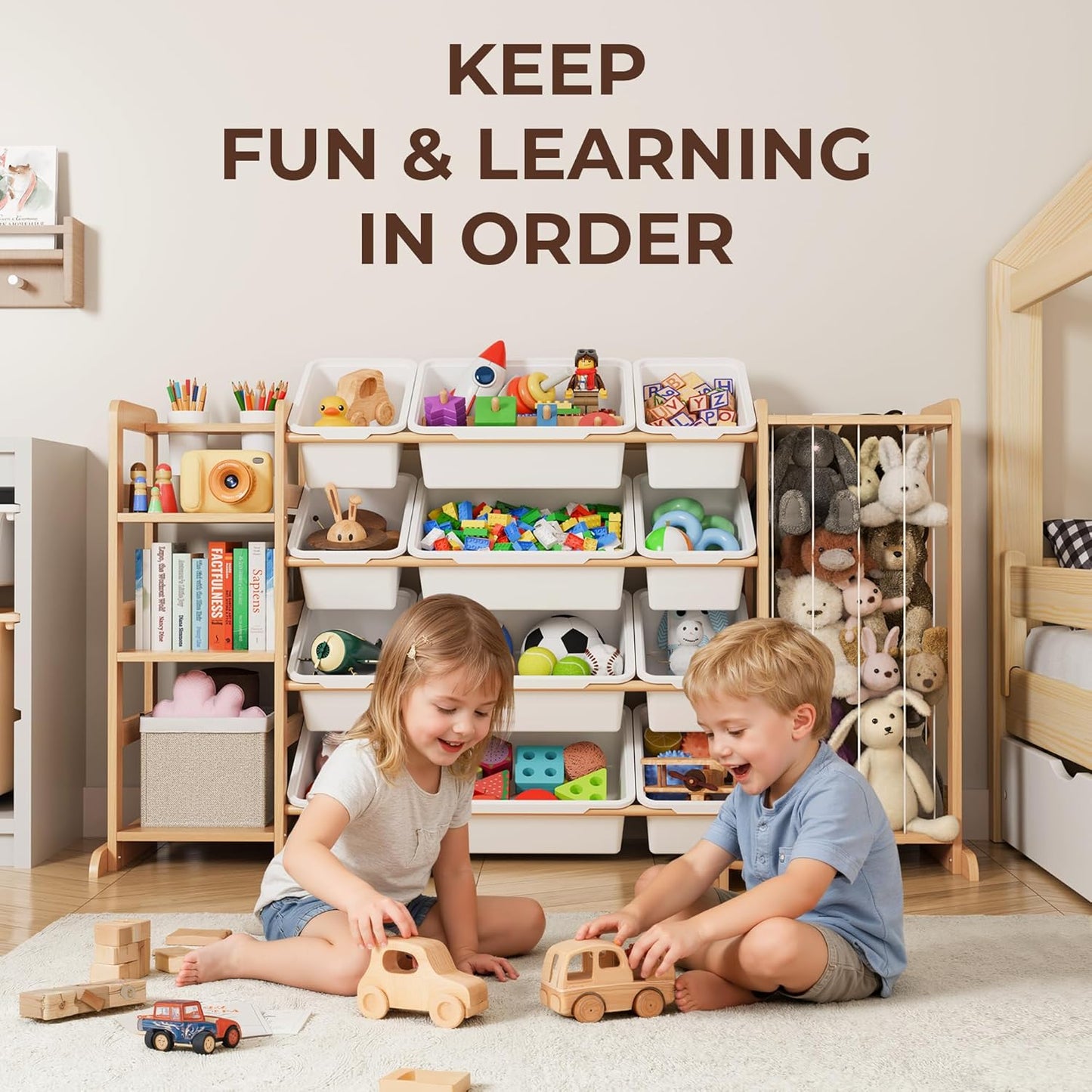 Toy Storage Organizer by [Brand Name] - Kids Playroom Bookshelf with 12 Bins & Stuffed Animal Storage | Ideal for Nursery & Toddler Rooms