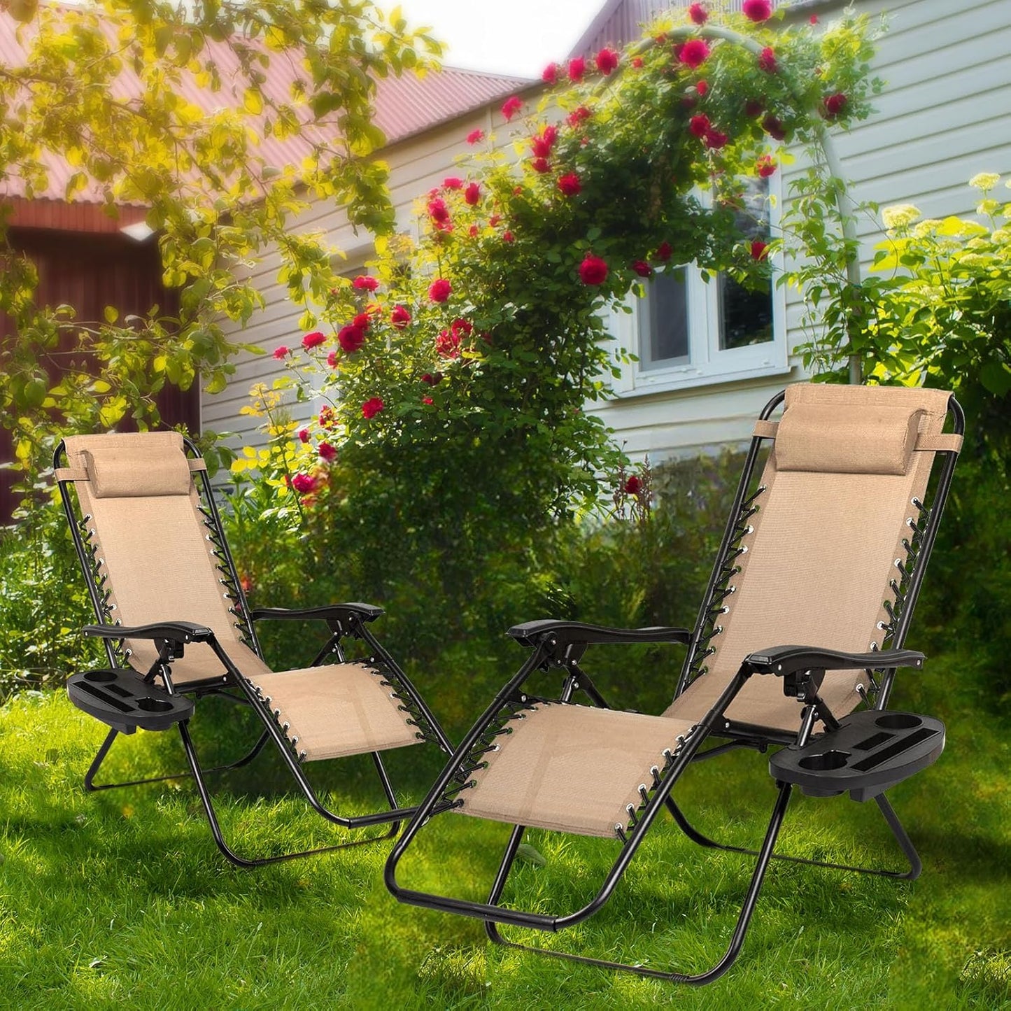 Nazhura Adjustable Zero Gravity Lounge Chairs - Set of 2 Relaxing Patio Recliners with Pillow & Cup Holder | Khaki