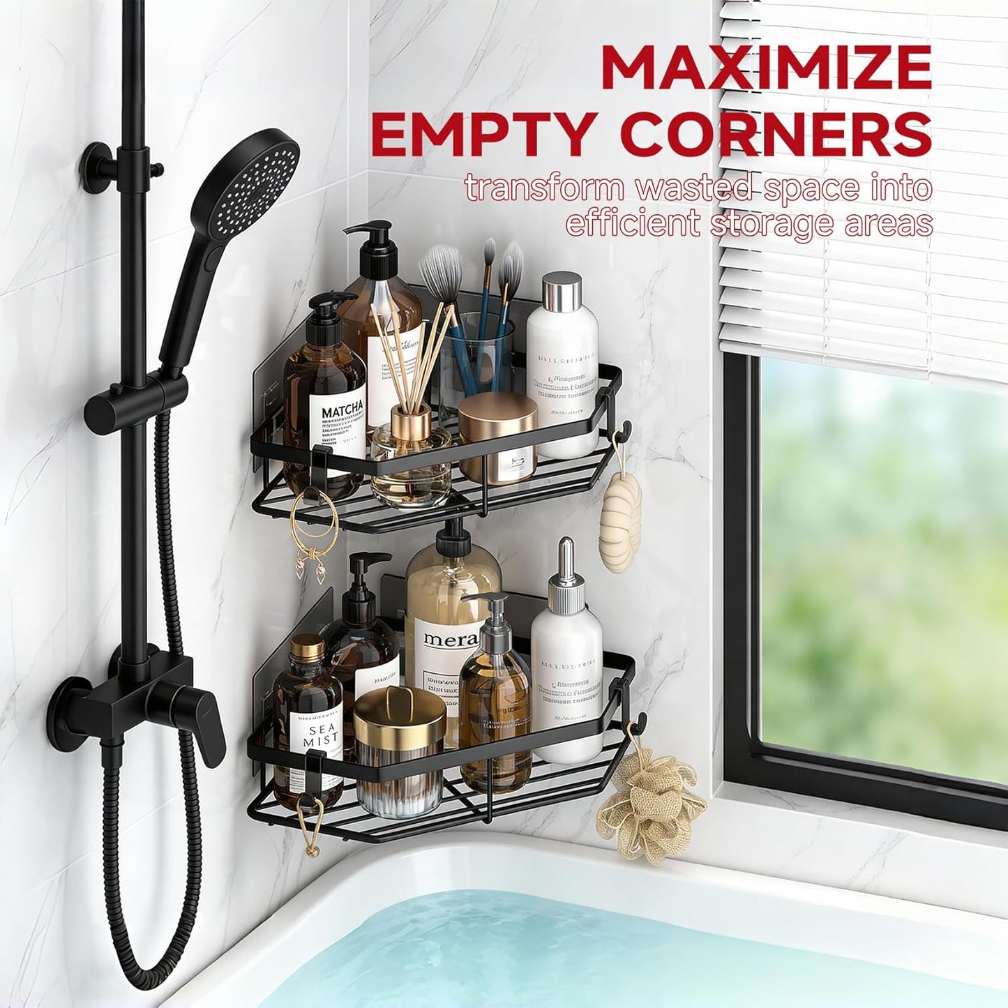 Skiennix Corner Shower Caddy - 5-Pack Adhesive Organizer Shelves | No-Drill Stainless Steel Storage Rack (Black)