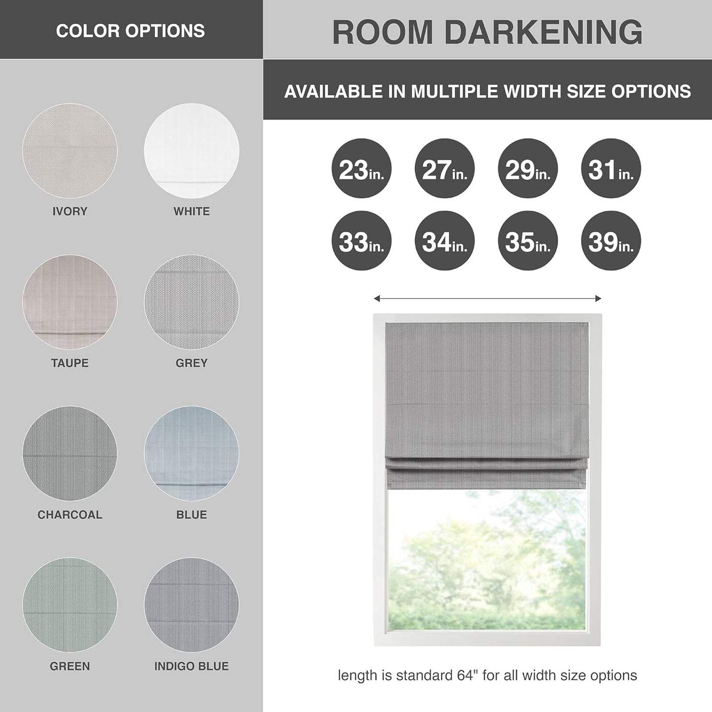 Madison Park Galen Cordless Roman Shade, 31" W x 64" H, Charcoal – Room Darkening, Thermal Insulated, Energy Efficient Window Blind with Subtle Sheen Basketweave Fabric for Privacy