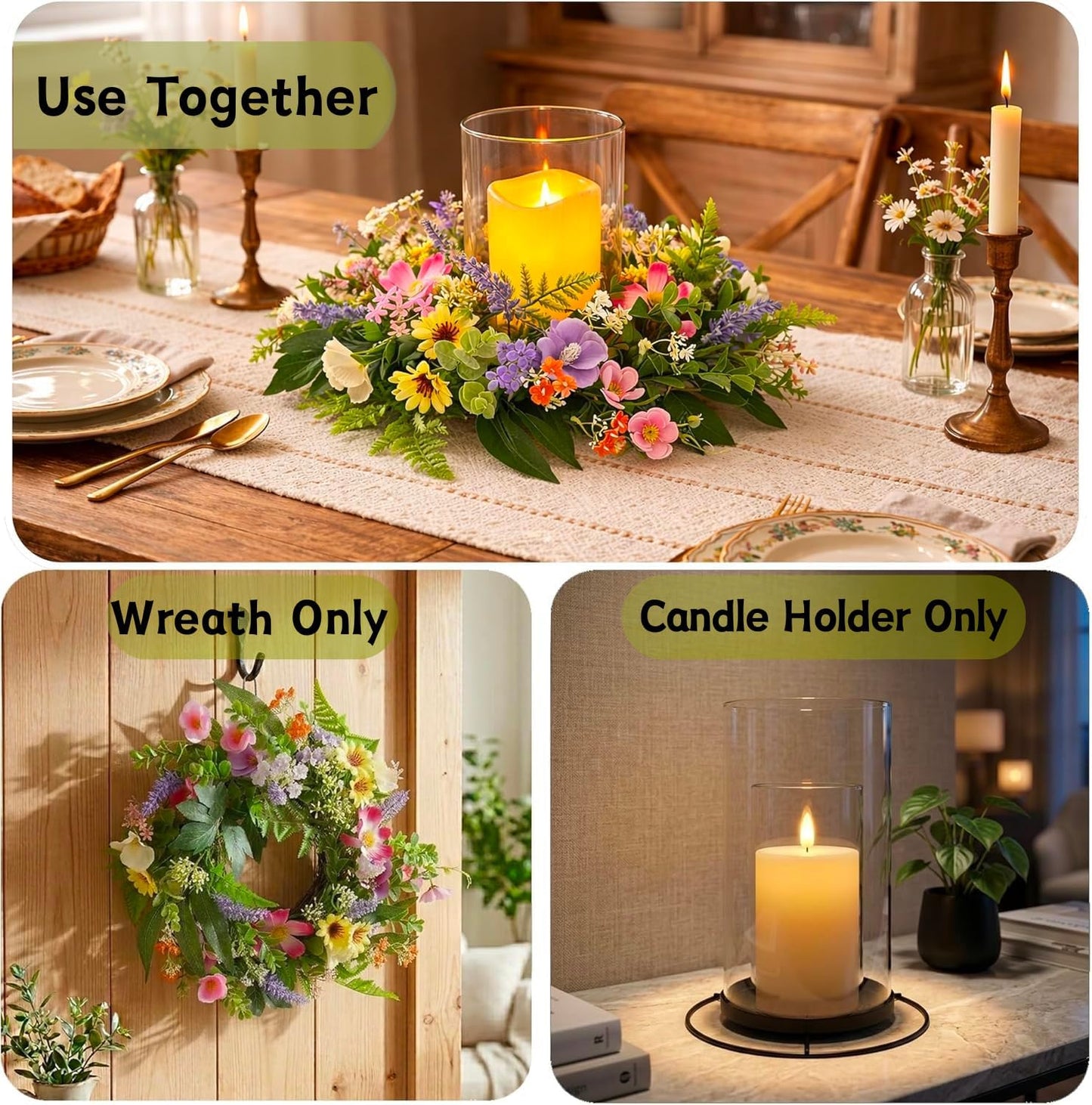 Skiennix Floral Candle Holder - Glass Hurricane with Detachable Wreath | Spring Centerpiece for Dining Table