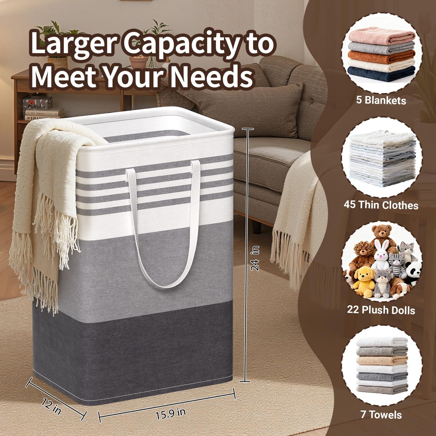 WOWBOX 2 Pack Laundry Baskets, Laundry Hampers, Freestanding Dirty Clothes Hampers with Reinforced Handles & Cross Stitch & Waterproof Coating, for Laundry Bedroom Bathroom Dorm,75L Grey