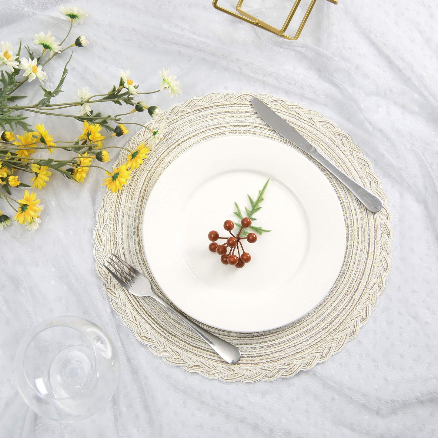 SHACOS Round Placemats Set of 4 Boho Braided Border Place Mats for Dining Tables Wedding Holiday Party (Ivory Bordered, 4)