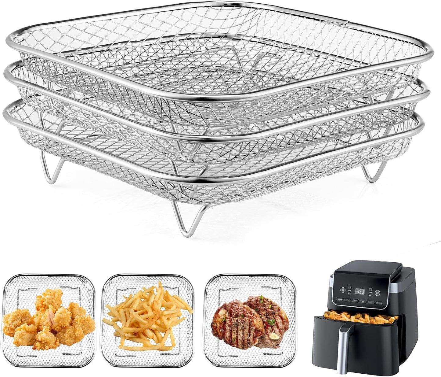 Square Air Fryer Rack by [Brand Name] - Stackable Stainless Steel Dehydrator Racks for 6-8 QT Air Fryers