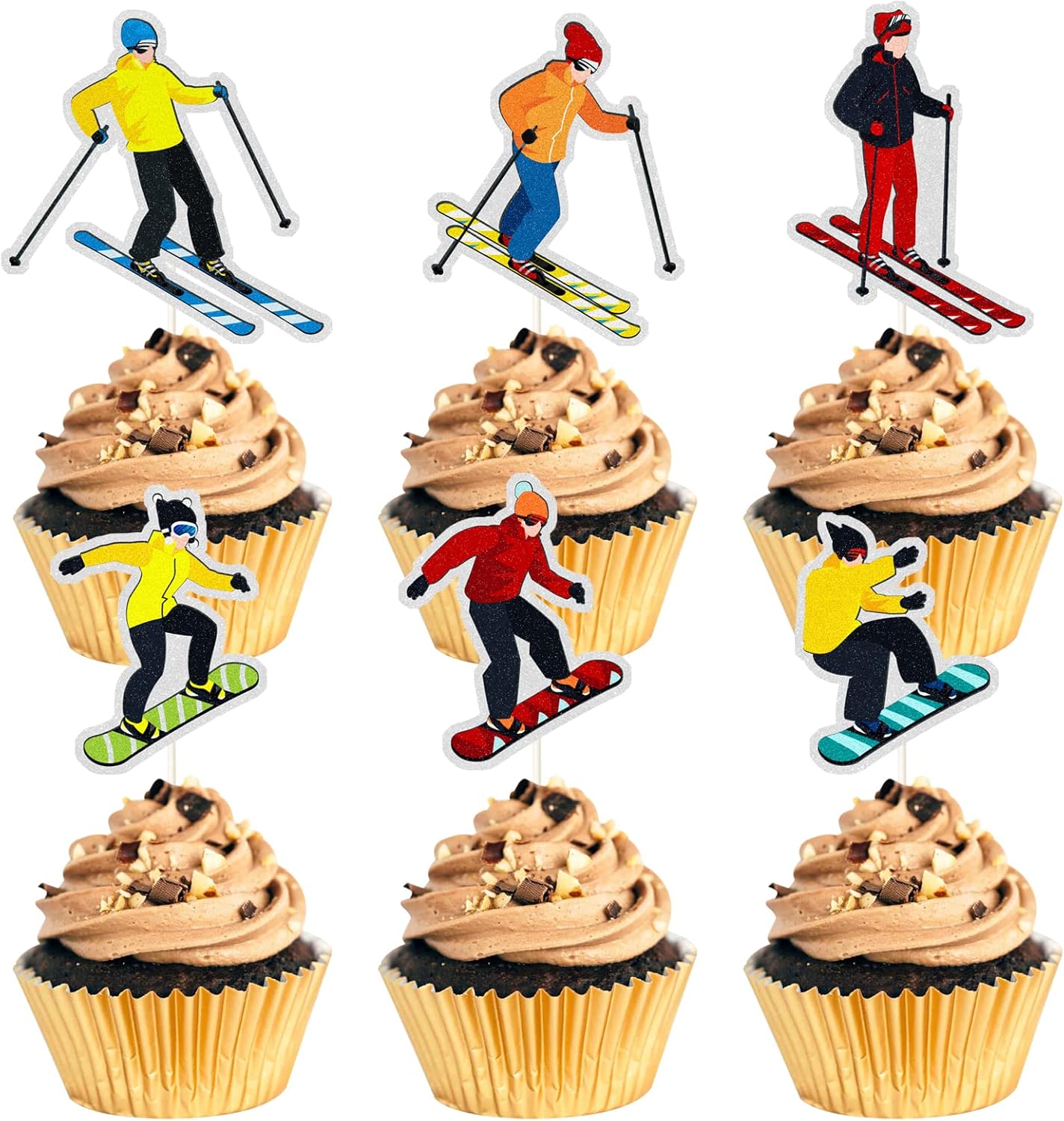 Skiennix Ski Theme Cupcake Toppers - Rainbow Glitter Decorations for Birthday Parties | 18 PCS