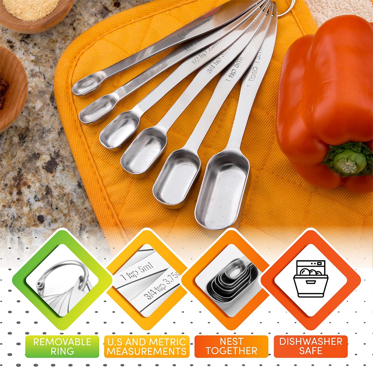 Spring Chef Stainless Steel Measuring Spoons Set of 7 with Leveler, Rectangular Metal Teaspoon & Tablespoon Measuring Spoons for Dry & Liquid Ingredients - Nesting Kitchen Gadgets For Baking & Cooking