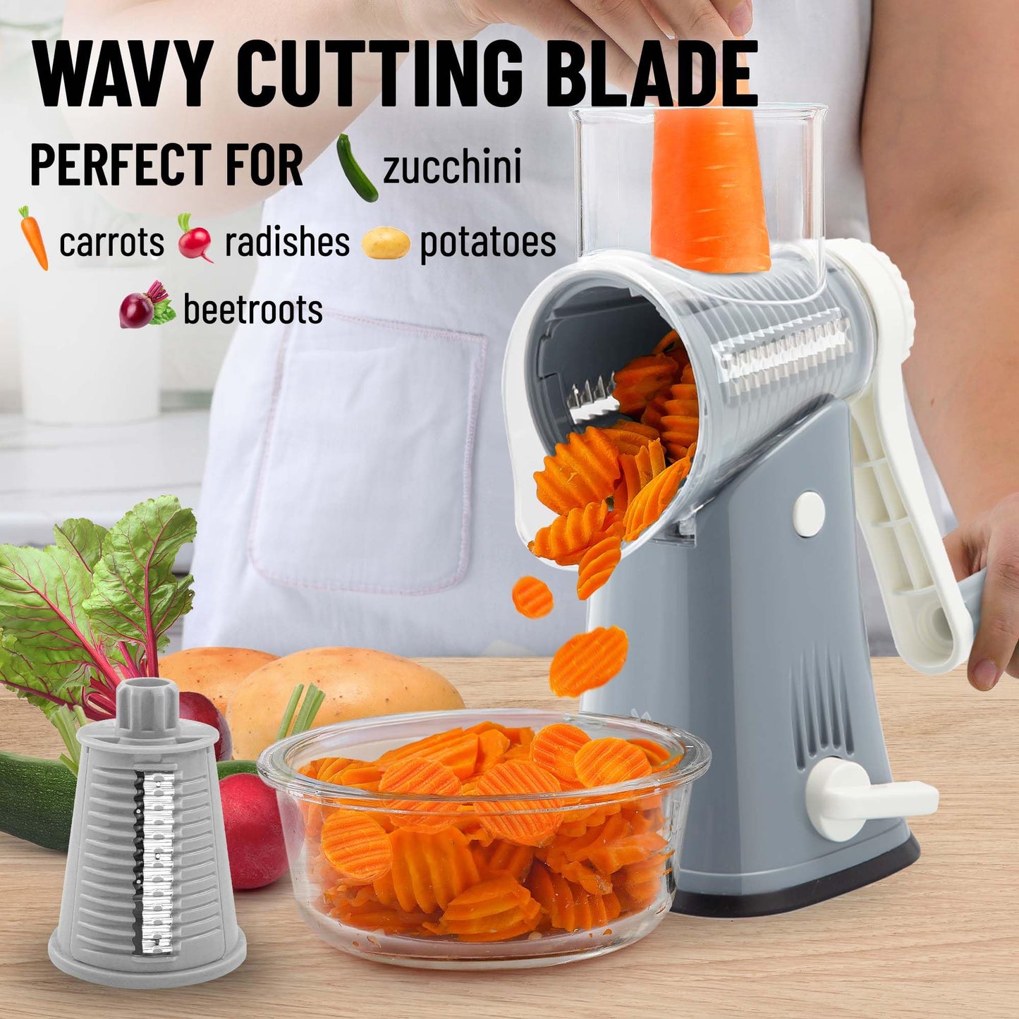 Zulay Rotary Cheese Grater 5 Blade Cheese Shredder - Manual Hand Crank Cheese Grater With Reinforced Suction & 5 Interchangeable Drums - Easy to Use Vegetable Chopper - Cloud Whisper